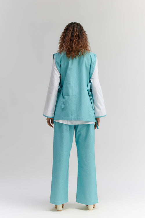 AQUA BLUE  DENIM EMBROIDERED OPEN JACKET