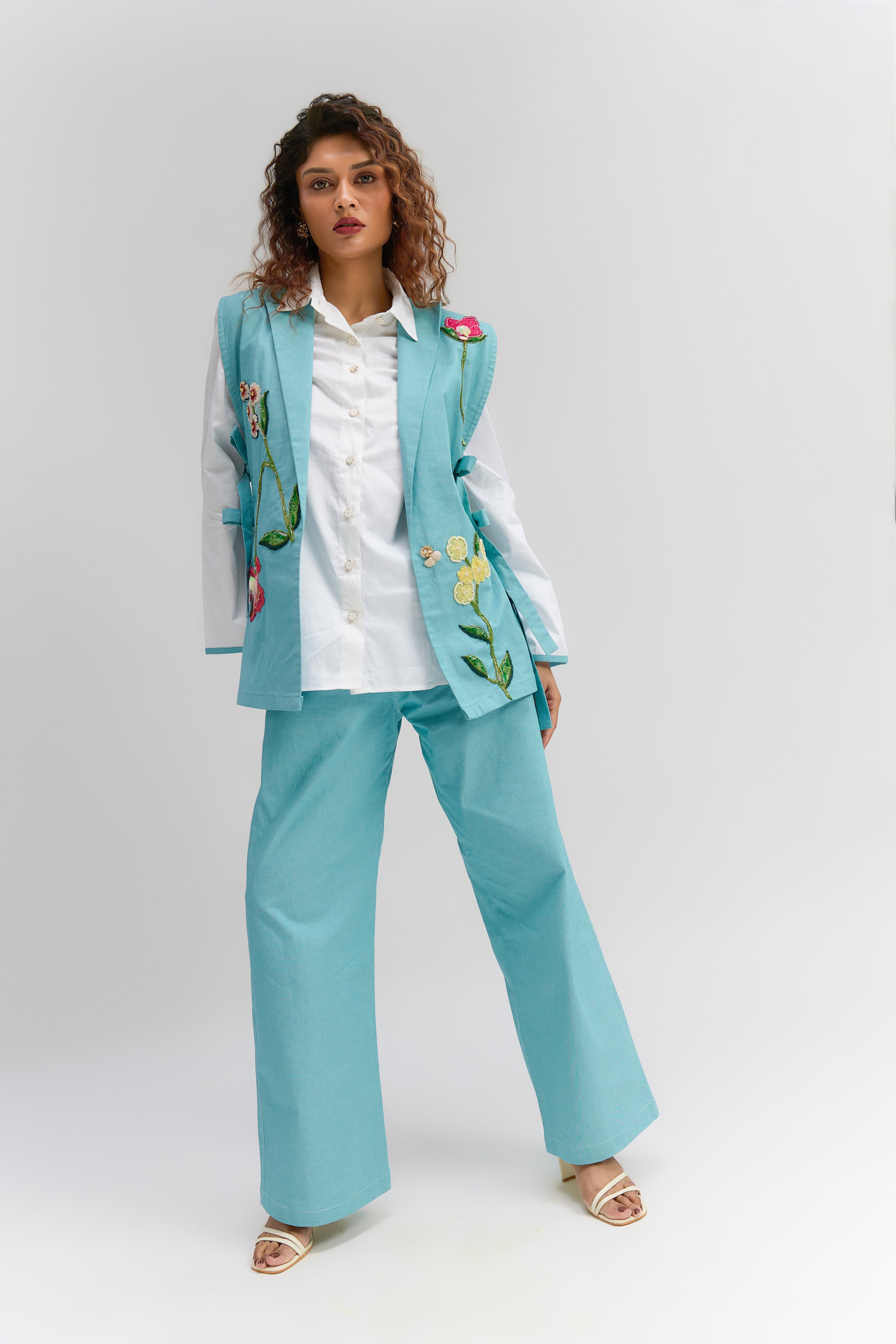 AQUA BLUE  DENIM EMBROIDERED OPEN JACKET