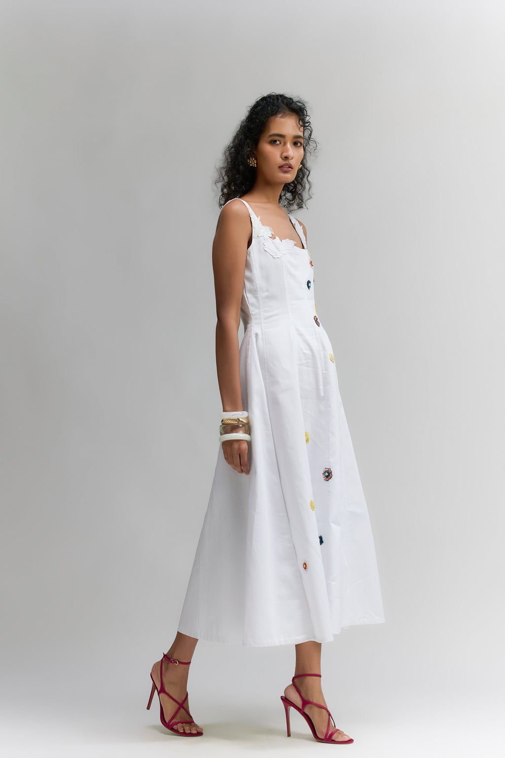 WHITE LYLA TWILL COTTON EMBROIDERED MIDI DRESS