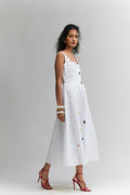 WHITE LYLA TWILL COTTON EMBROIDERED MIDI DRESS