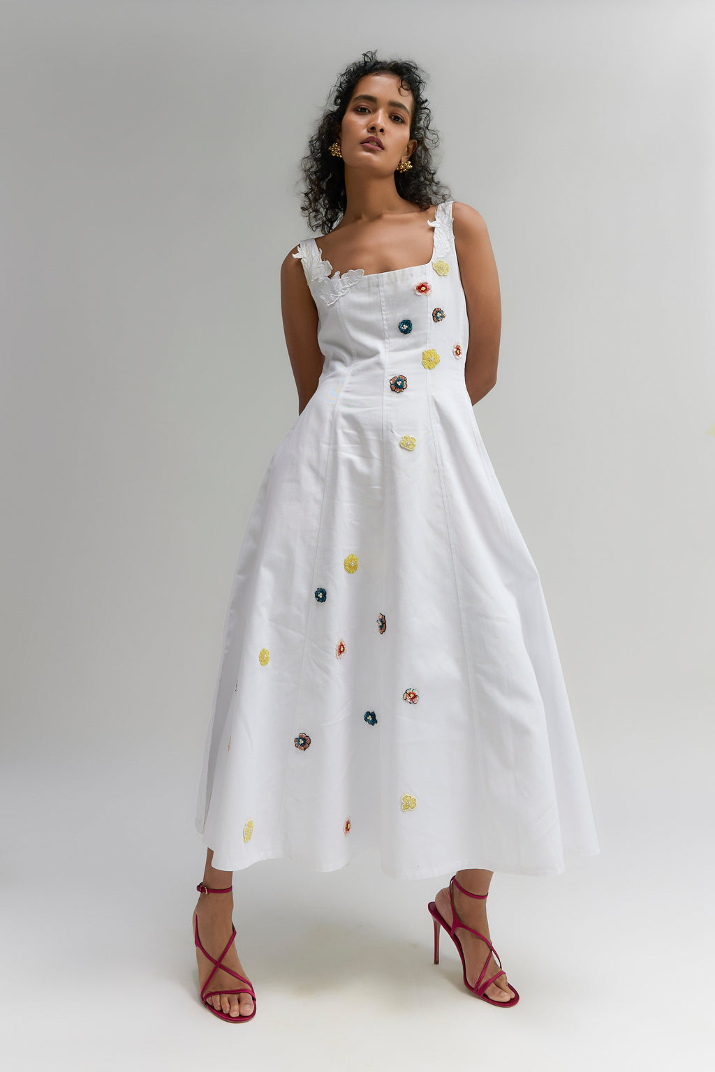 WHITE LYLA TWILL COTTON EMBROIDERED MIDI DRESS