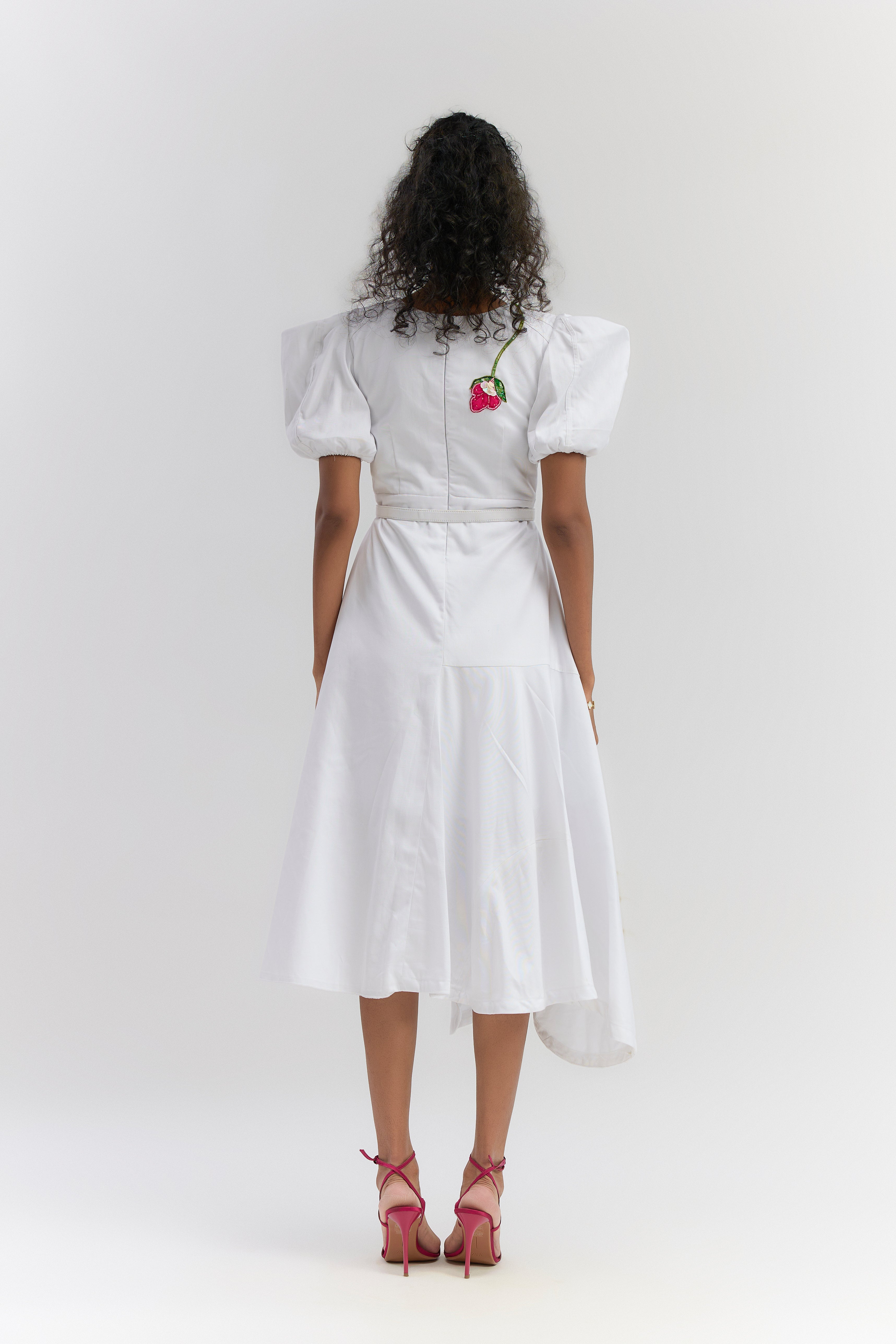 WHITE TWILL COTTON EMBROIDERED MIDI DRESS