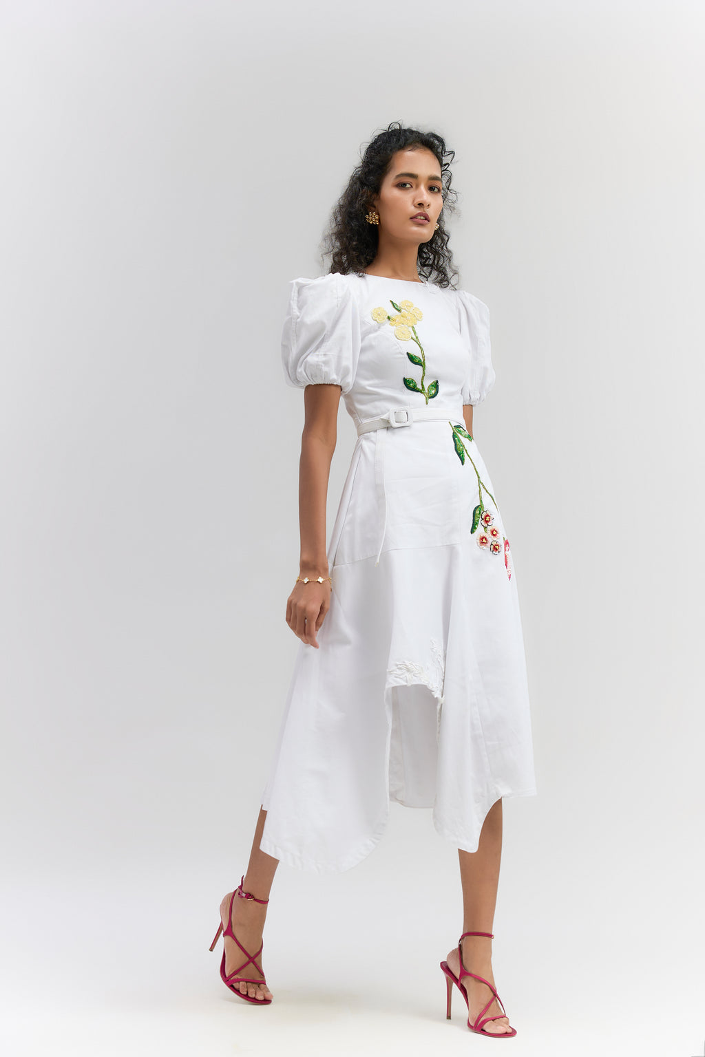 WHITE TWILL COTTON EMBROIDERED MIDI DRESS