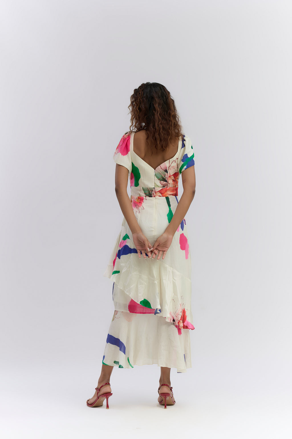 COLOUR SPLASH BLOSSOM PRINT RUFFLE DRESS