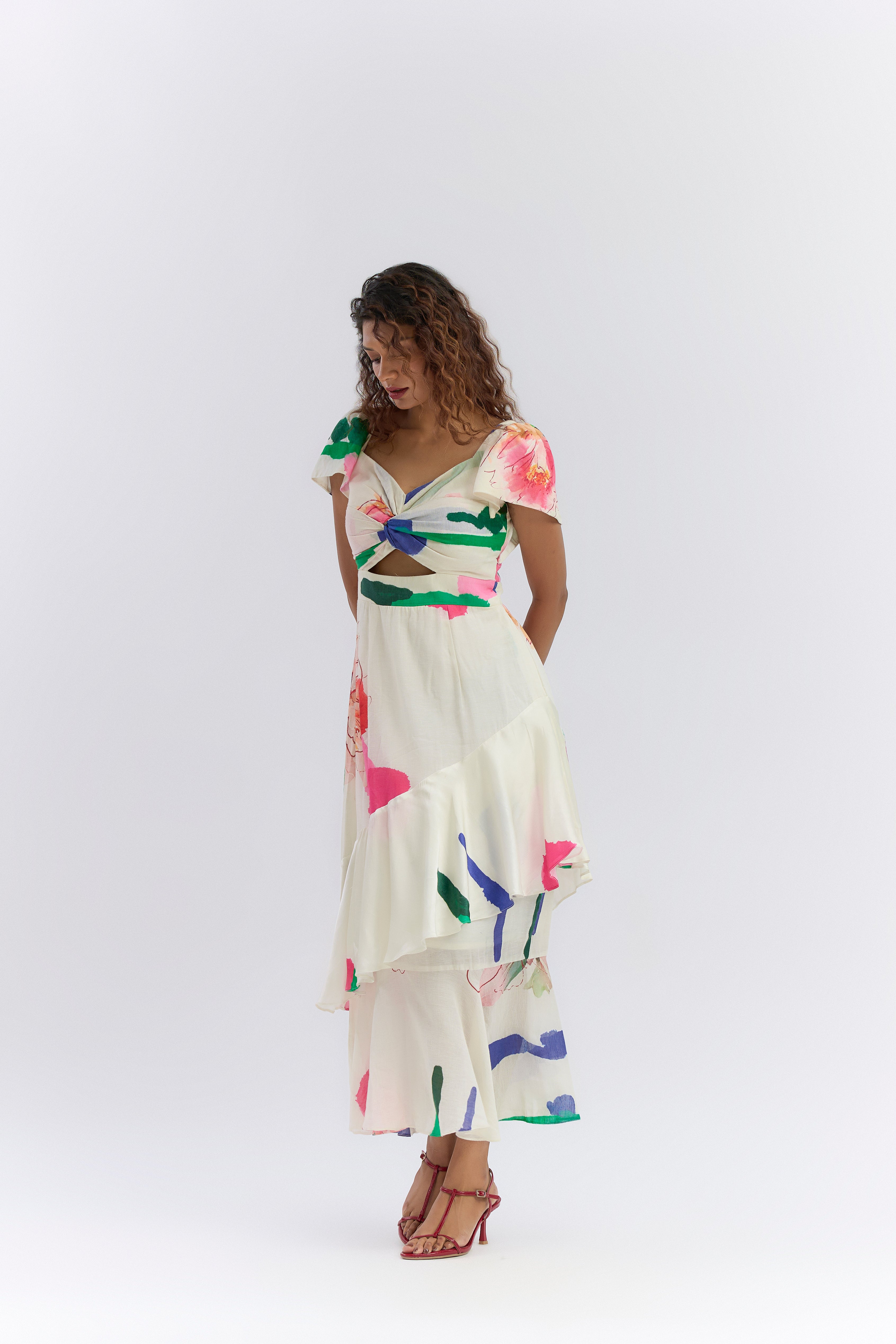 COLOUR SPLASH BLOSSOM PRINT RUFFLE DRESS