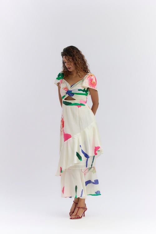 COLOUR SPLASH BLOSSOM PRINT RUFFLE DRESS