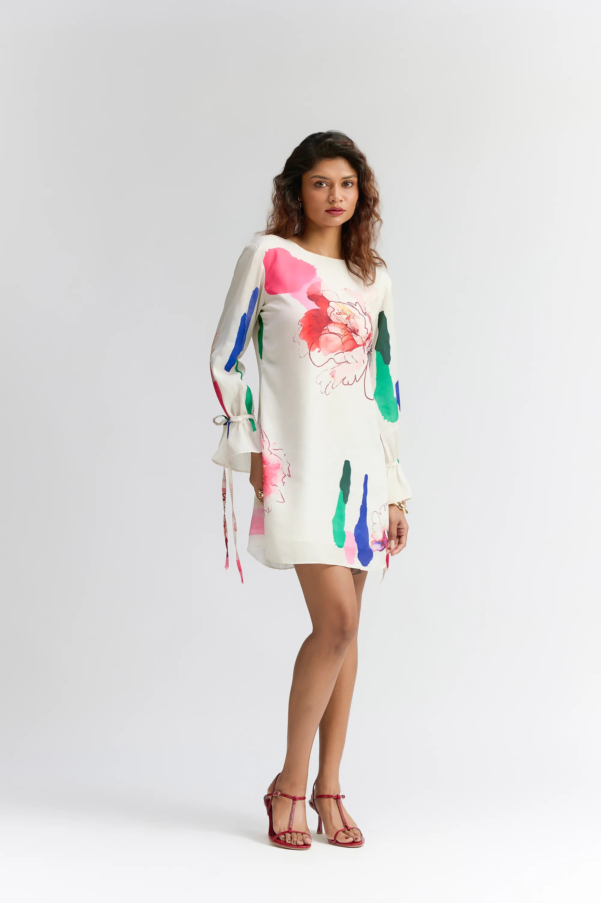 COLOUR SPLASH BLOSSON PRINTED  SHORT DRESS