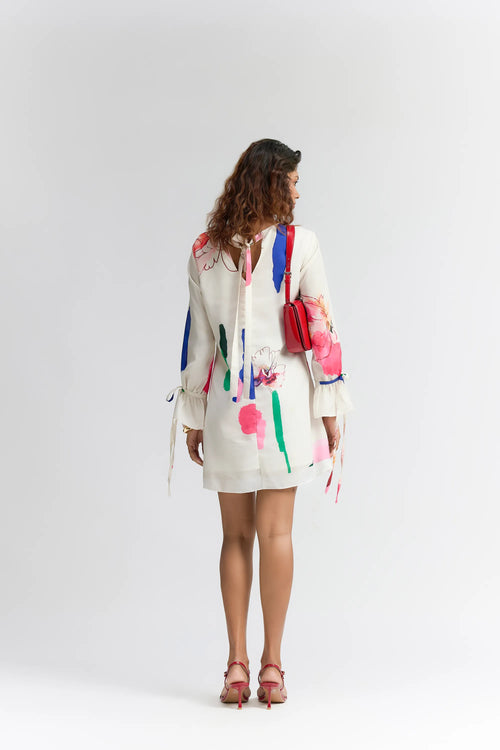 COLOUR SPLASH BLOSSON PRINTED  SHORT DRESS