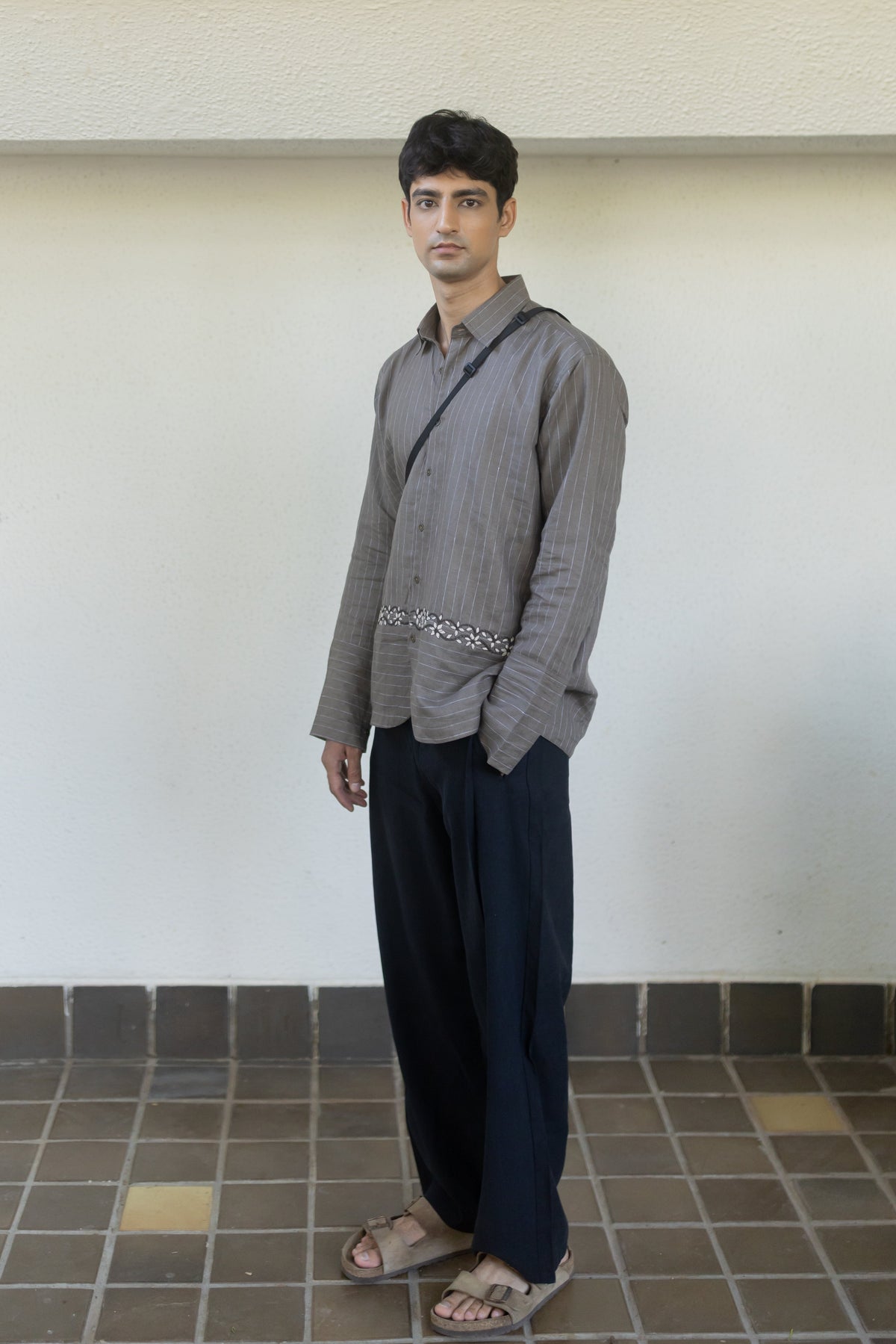 Stone pinstripe shirt view 2 — annstudios.in, The Curated Collective