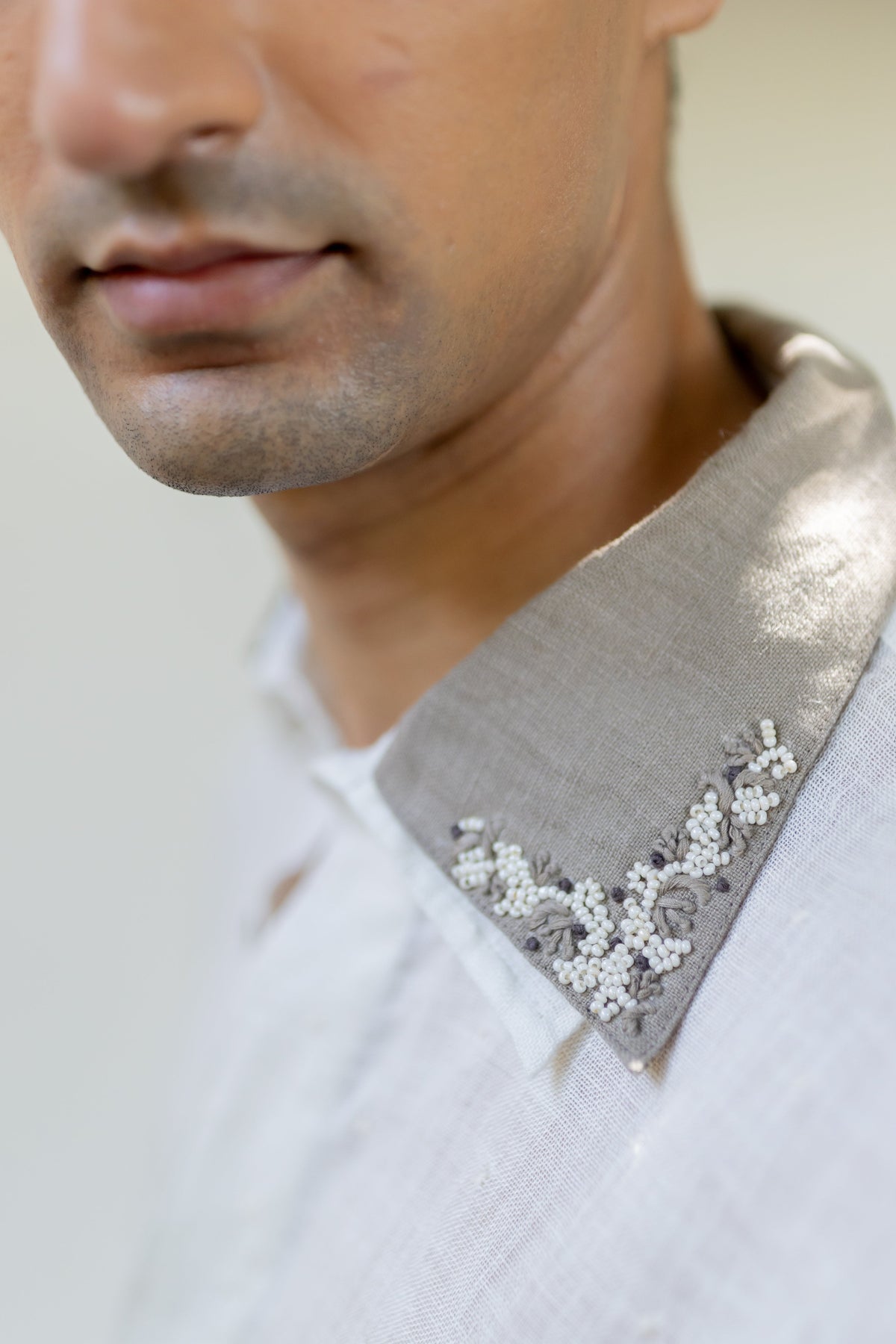 Ivory Double Collar Embroidered Shirt view 2 — annstudios.in, The Curated Collective
