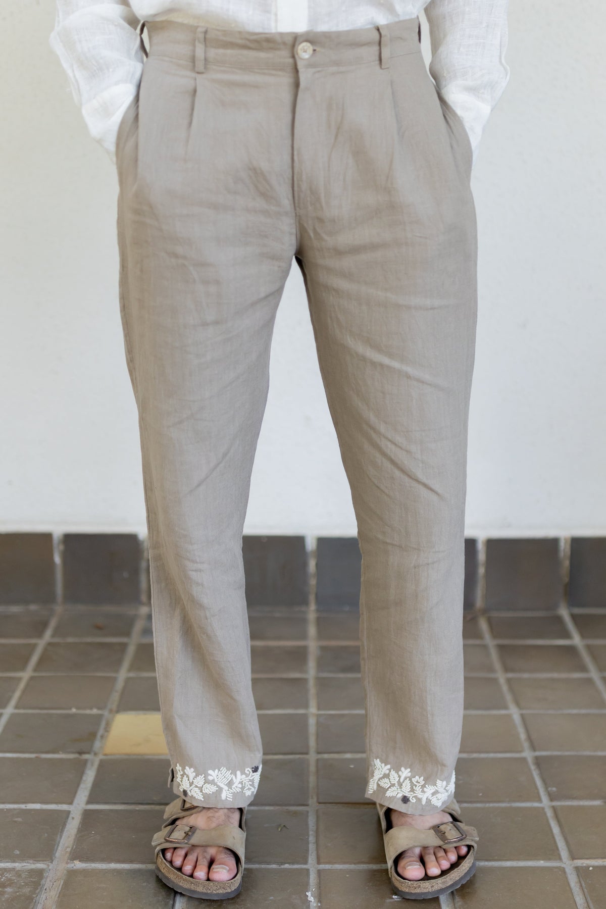 Ecru embroidered trousers view 2 — annstudios.in, The Curated Collective