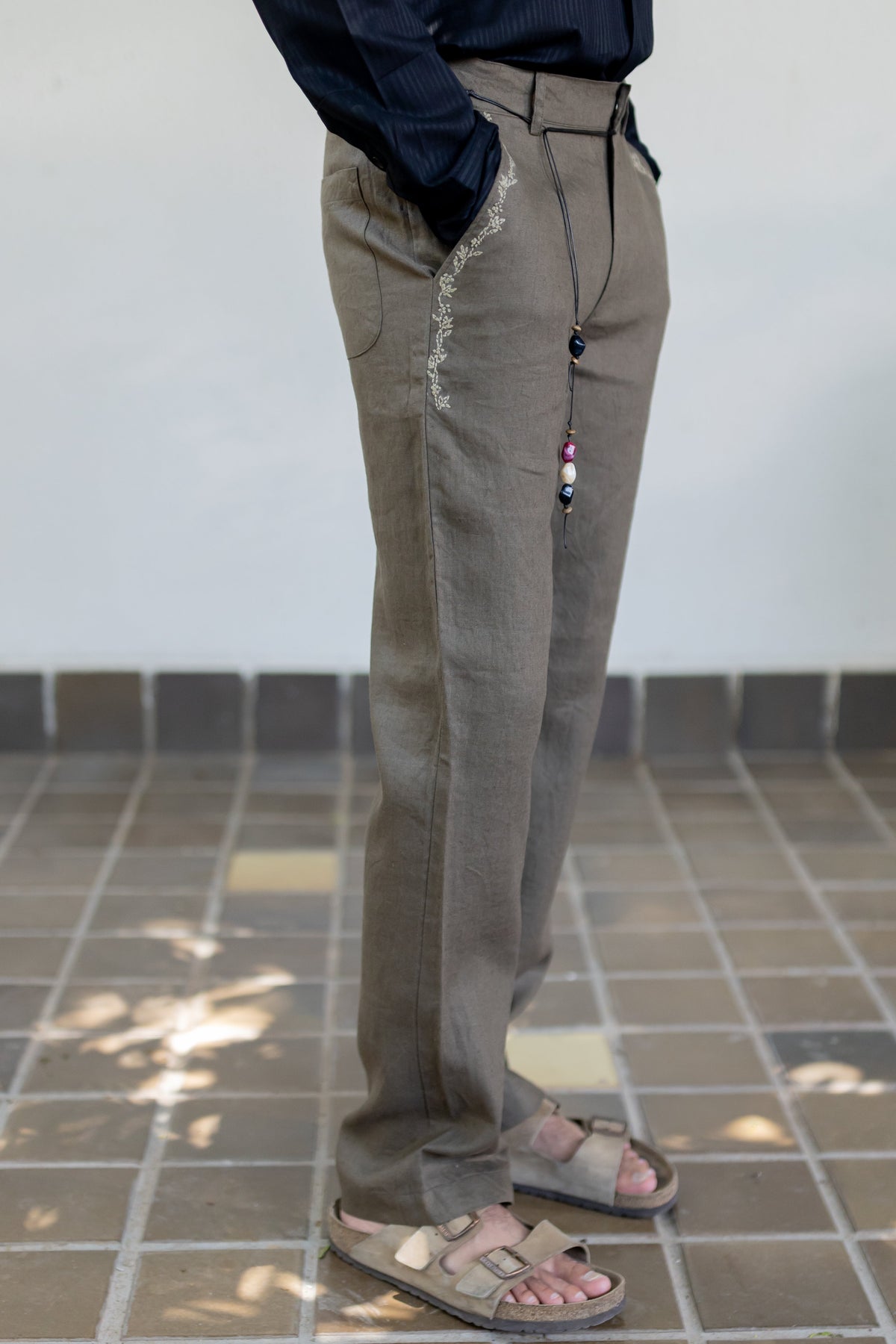 Olive embroidered trousers view 2 — annstudios.in, The Curated Collective