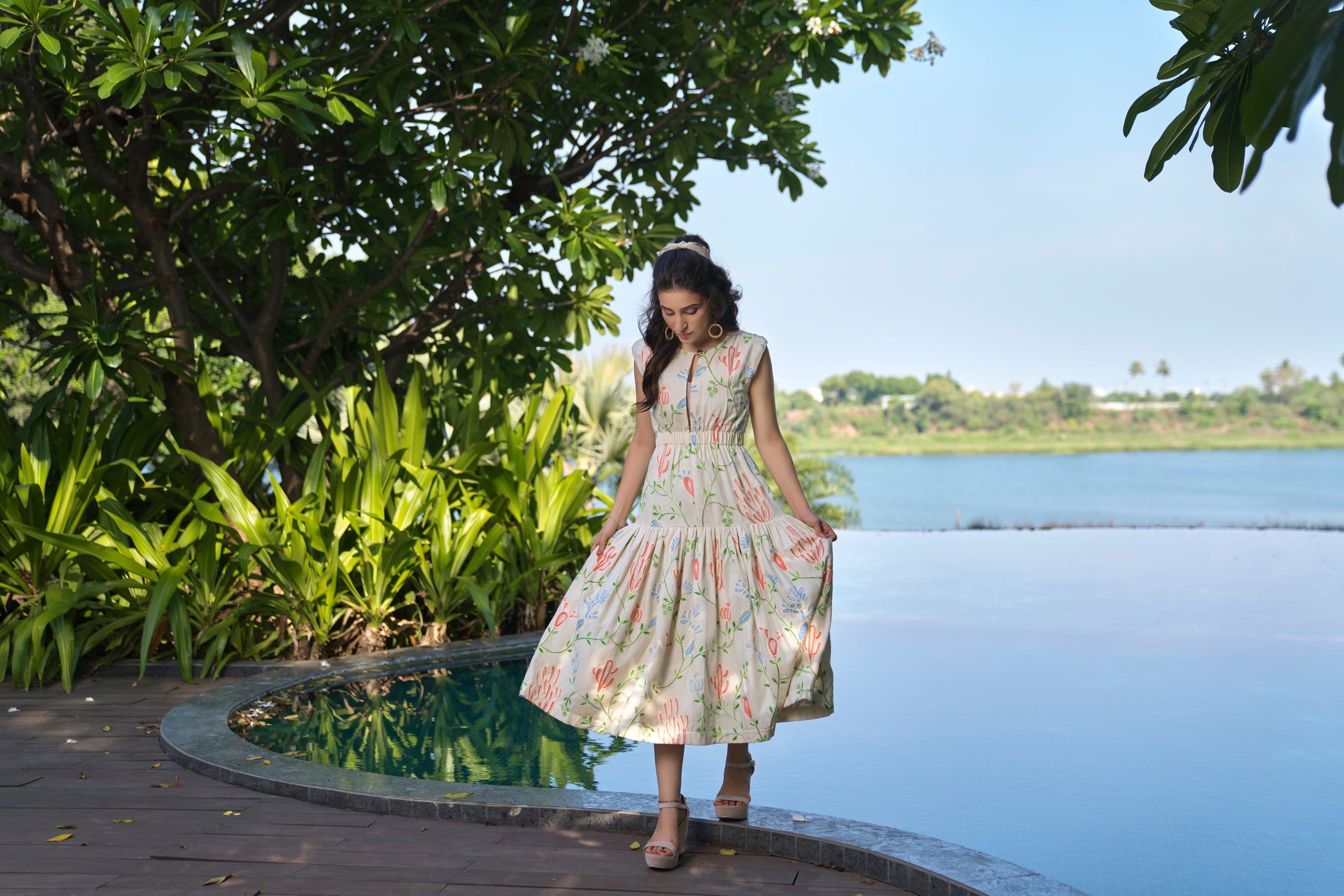Linen Embroidery Midi Dress