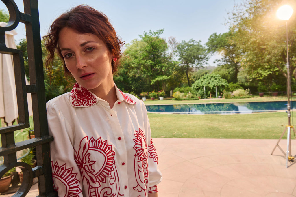 Red And White Embroidered Top