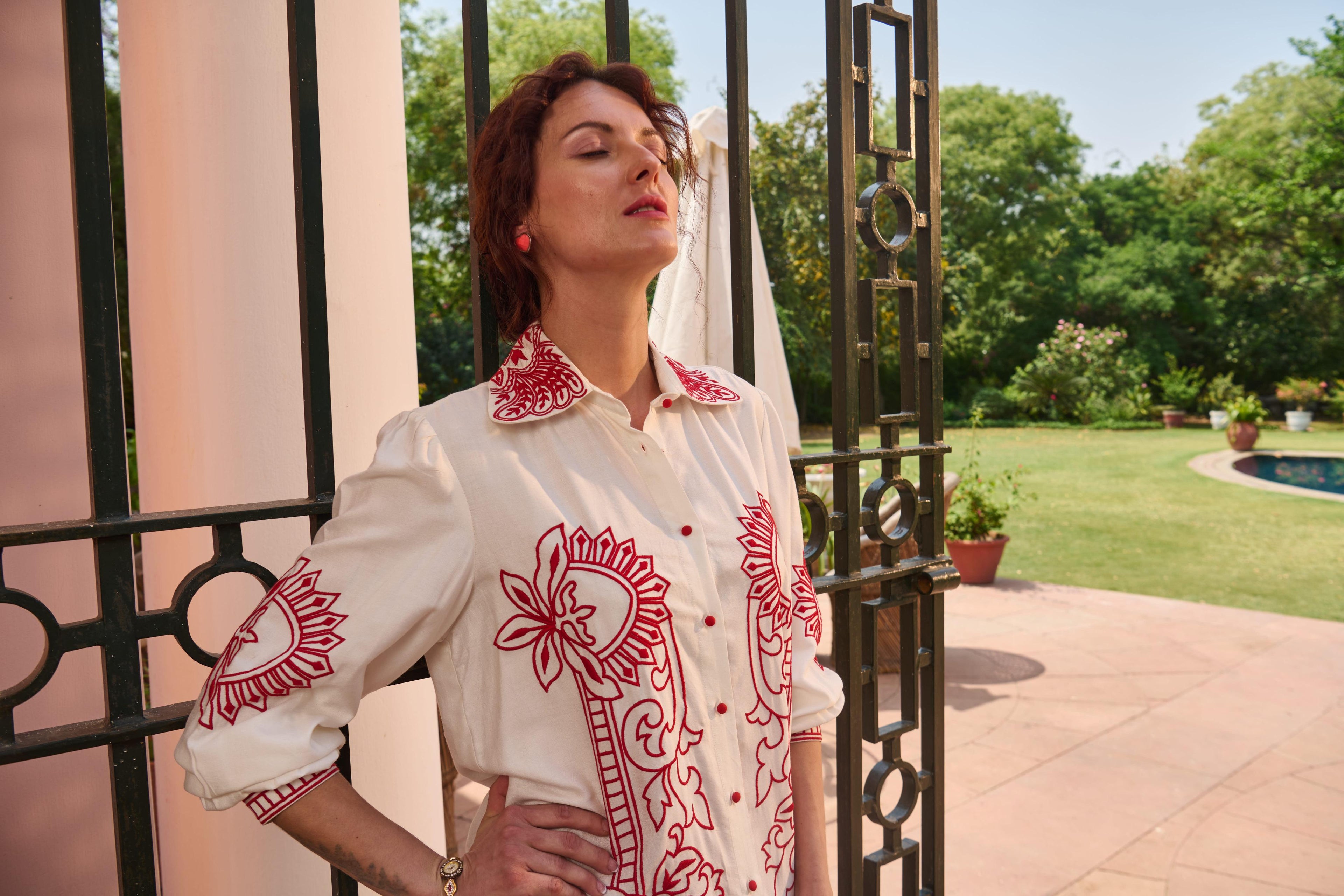 Red And White Embroidered Top