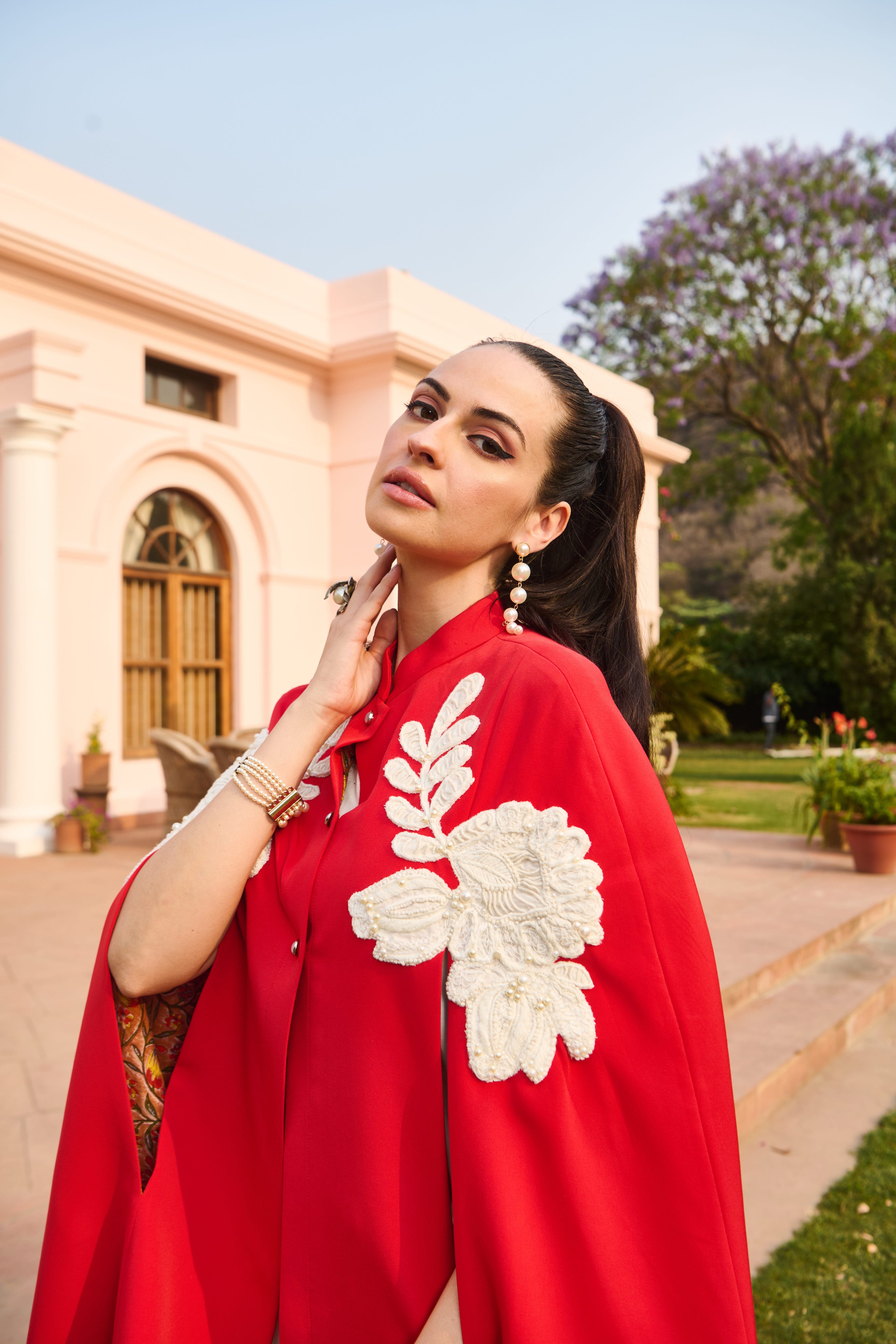 Red and White Embroidered Cape