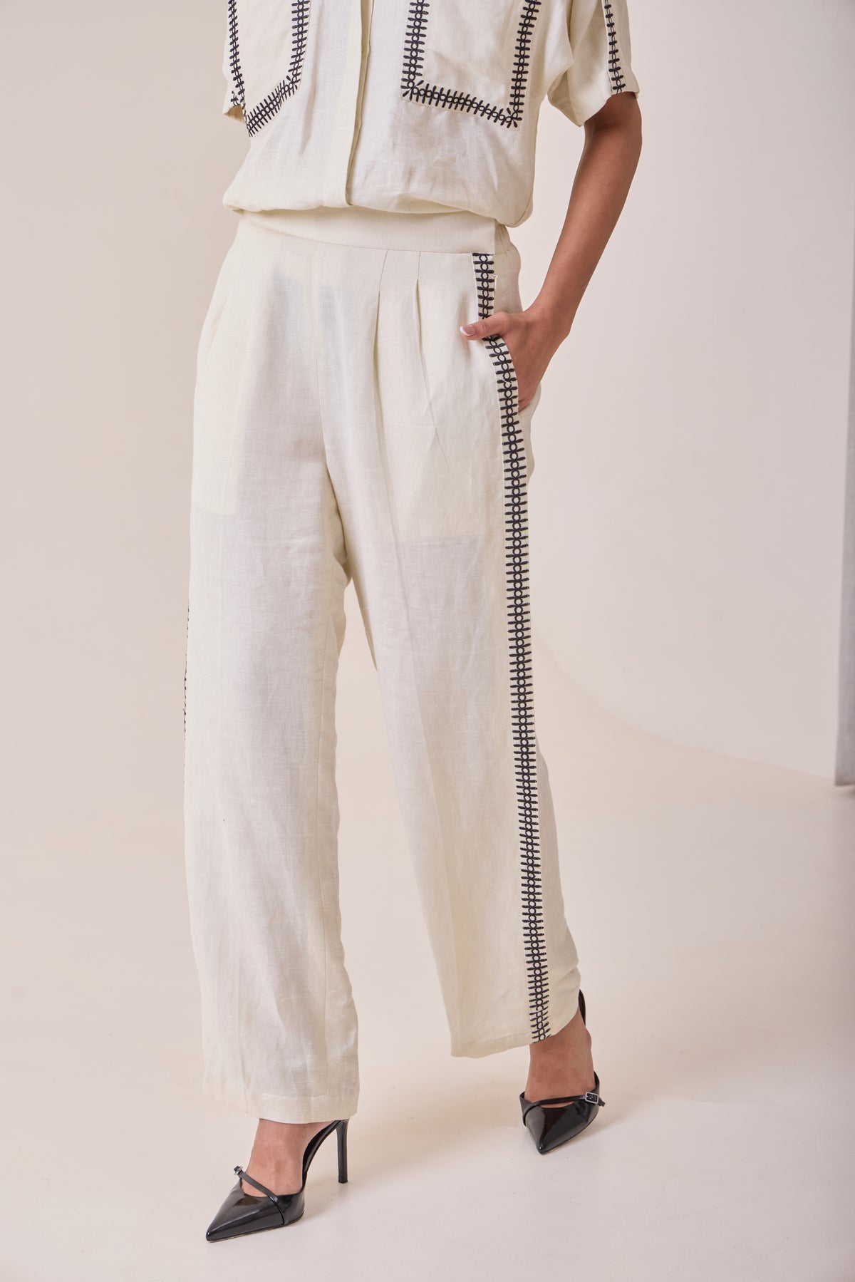 Linen Thread-Work Pants view 2 — Needle ten, The Curated Collective
