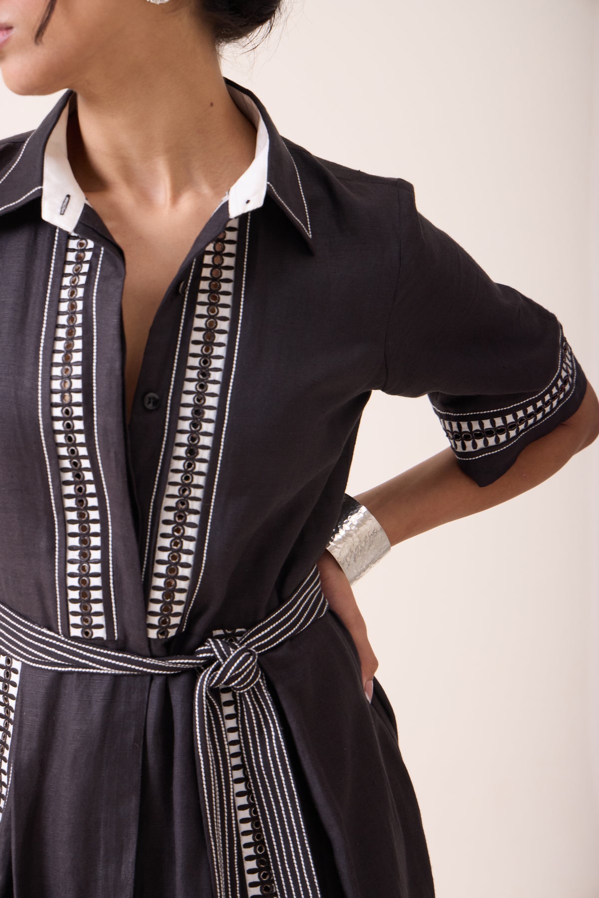 Black Thread-Work Midi Dress view 2 — Needle ten, The Curated Collective