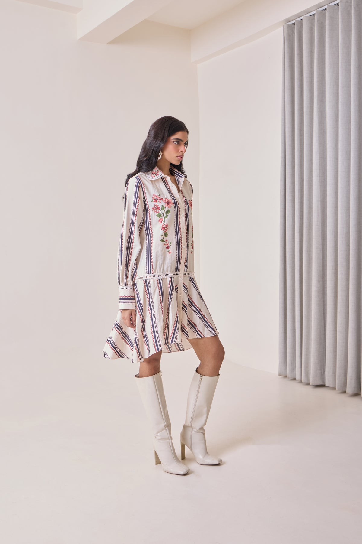 Creme Petal Shirt Dress view 2 — Needle ten, The Curated Collective