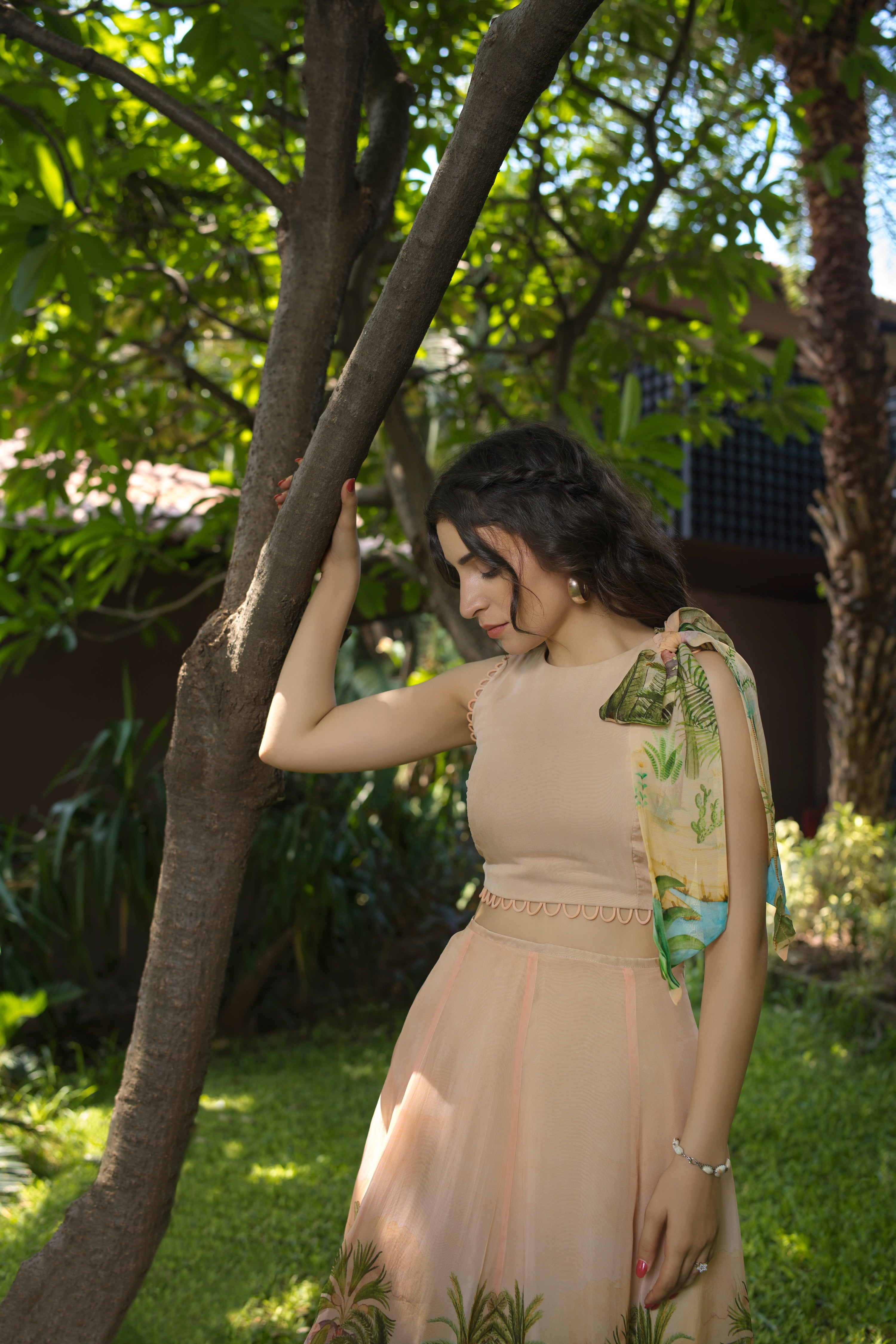 Organza Crop Top with Shoulder Scarf
