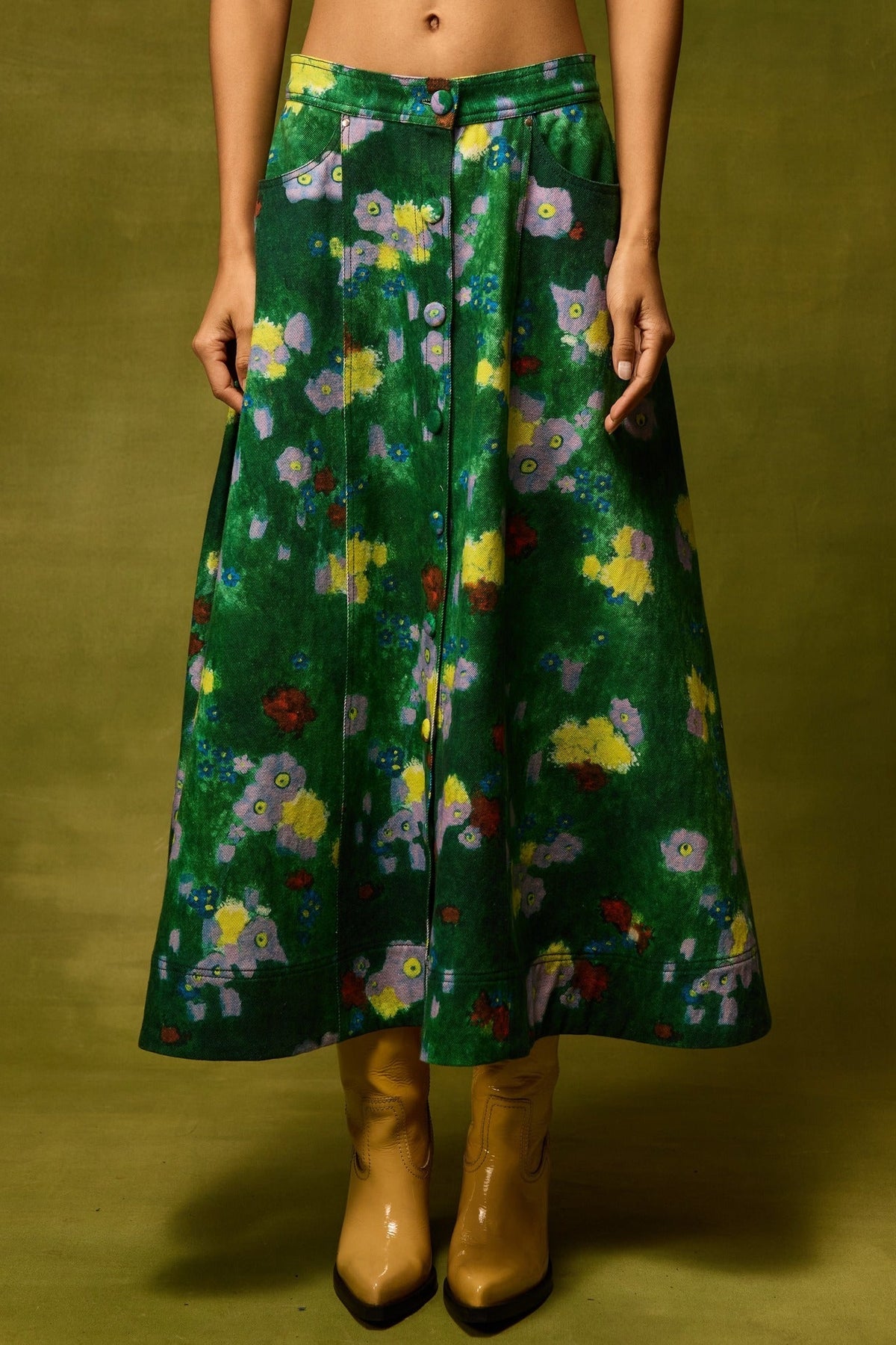 Emerald Bloom Flared Skirt view 2 — Pocketful of Cherrie, The Curated Collective