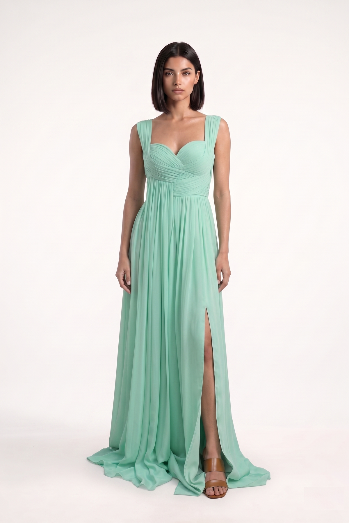 Mint Green Pleated Gown - PU27:RW14 slit 