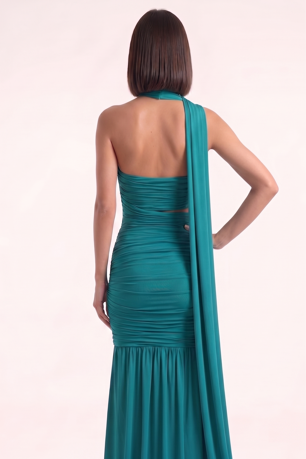 Teal Draped Lycra Gown - PU27:RW18 turqoise back details