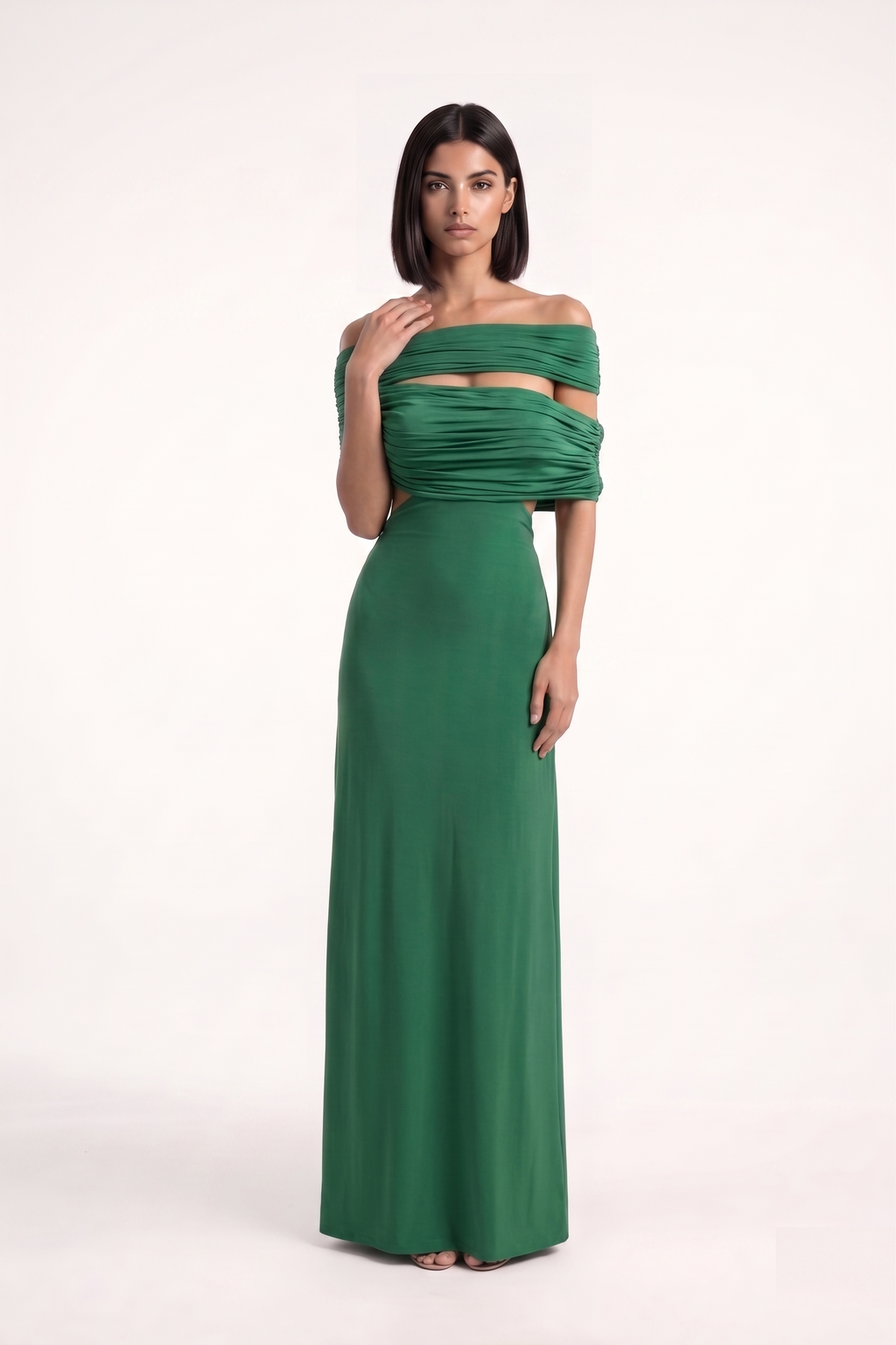 Forest Green Off Shoulder Lycra Gown - PU27:RW23 