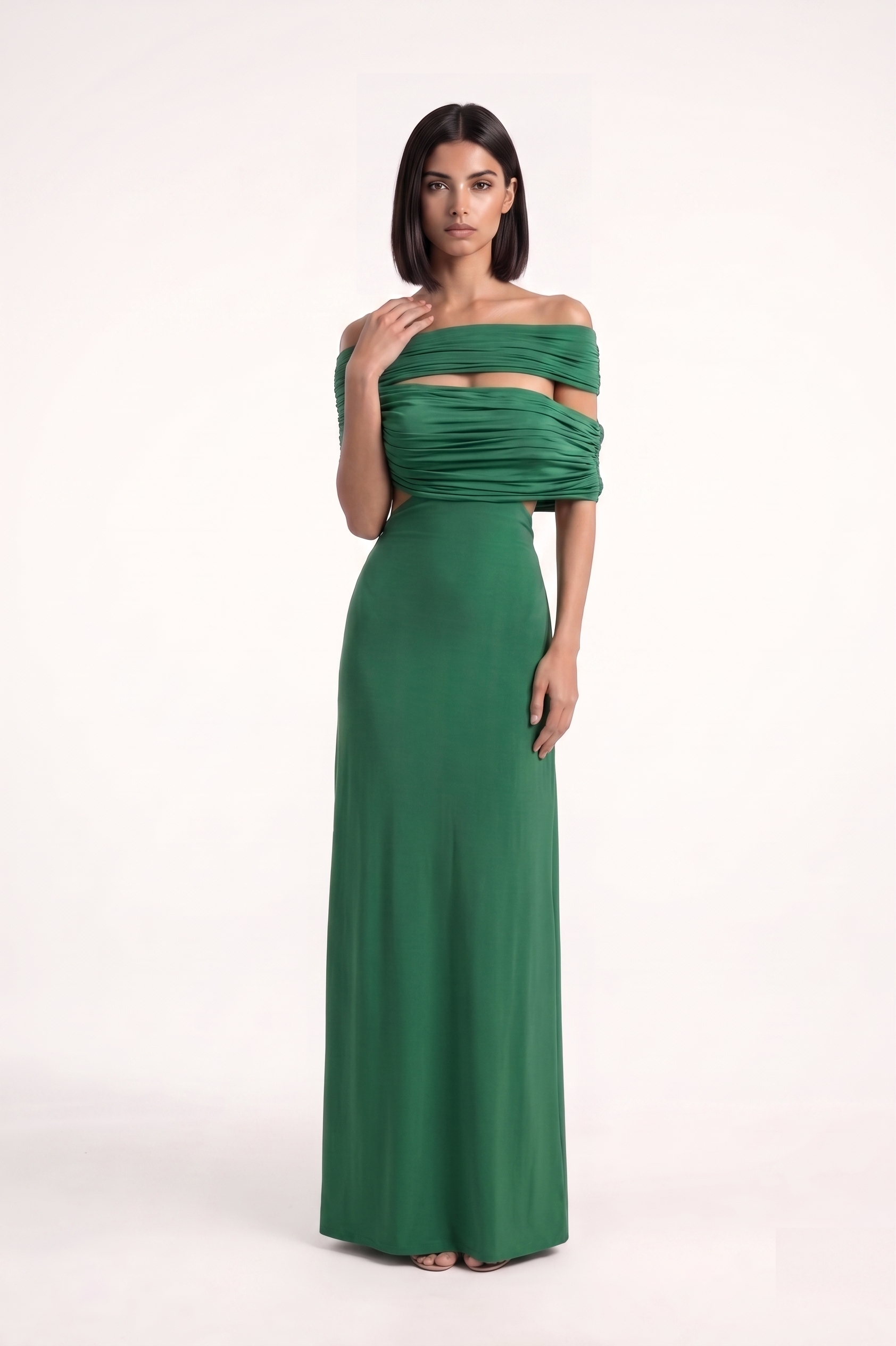 Forest Green Off Shoulder Lycra Gown - PU27:RW23 