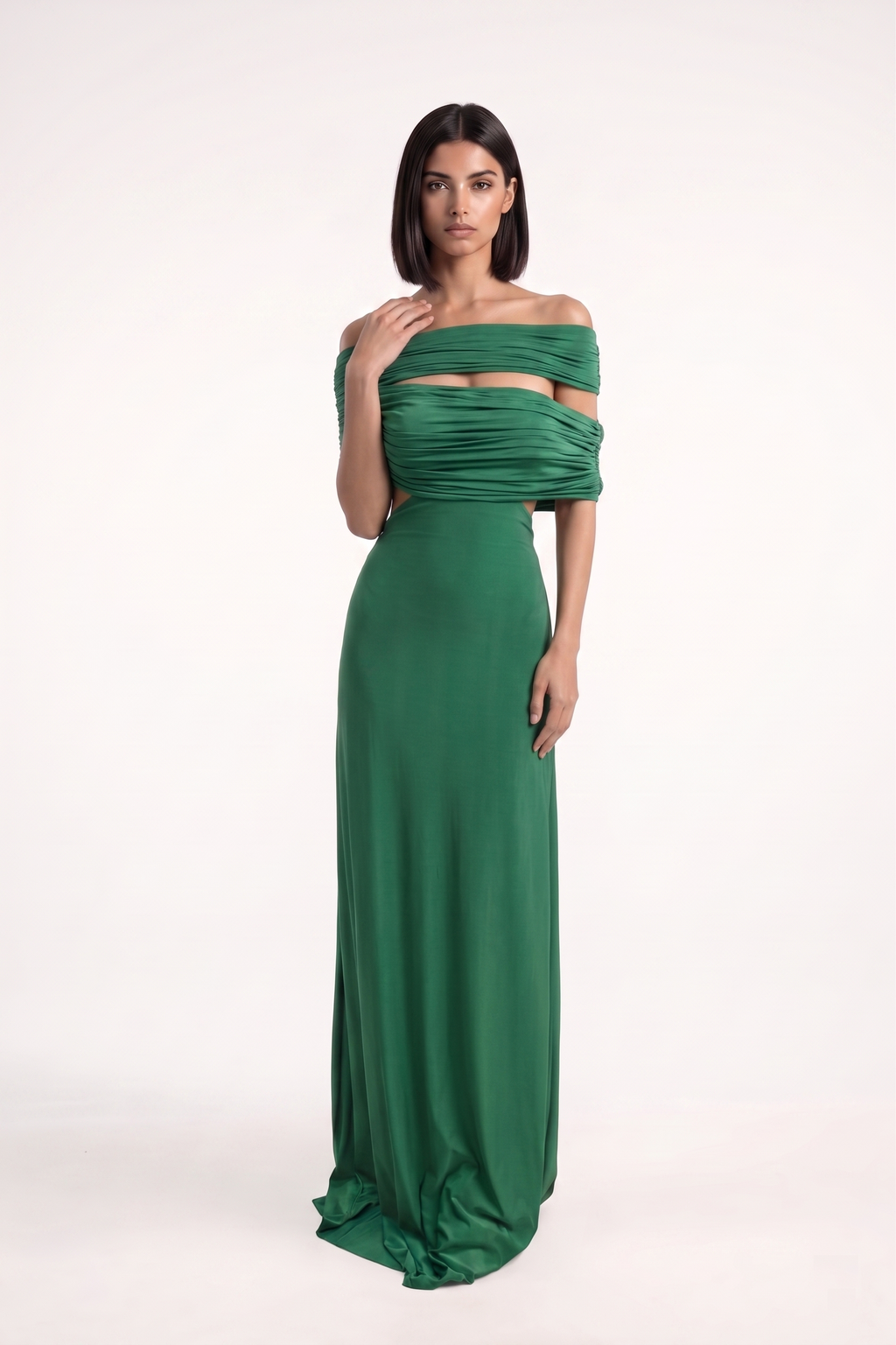 Forest Green Off Shoulder Lycra Gown - PU27:RW23 front