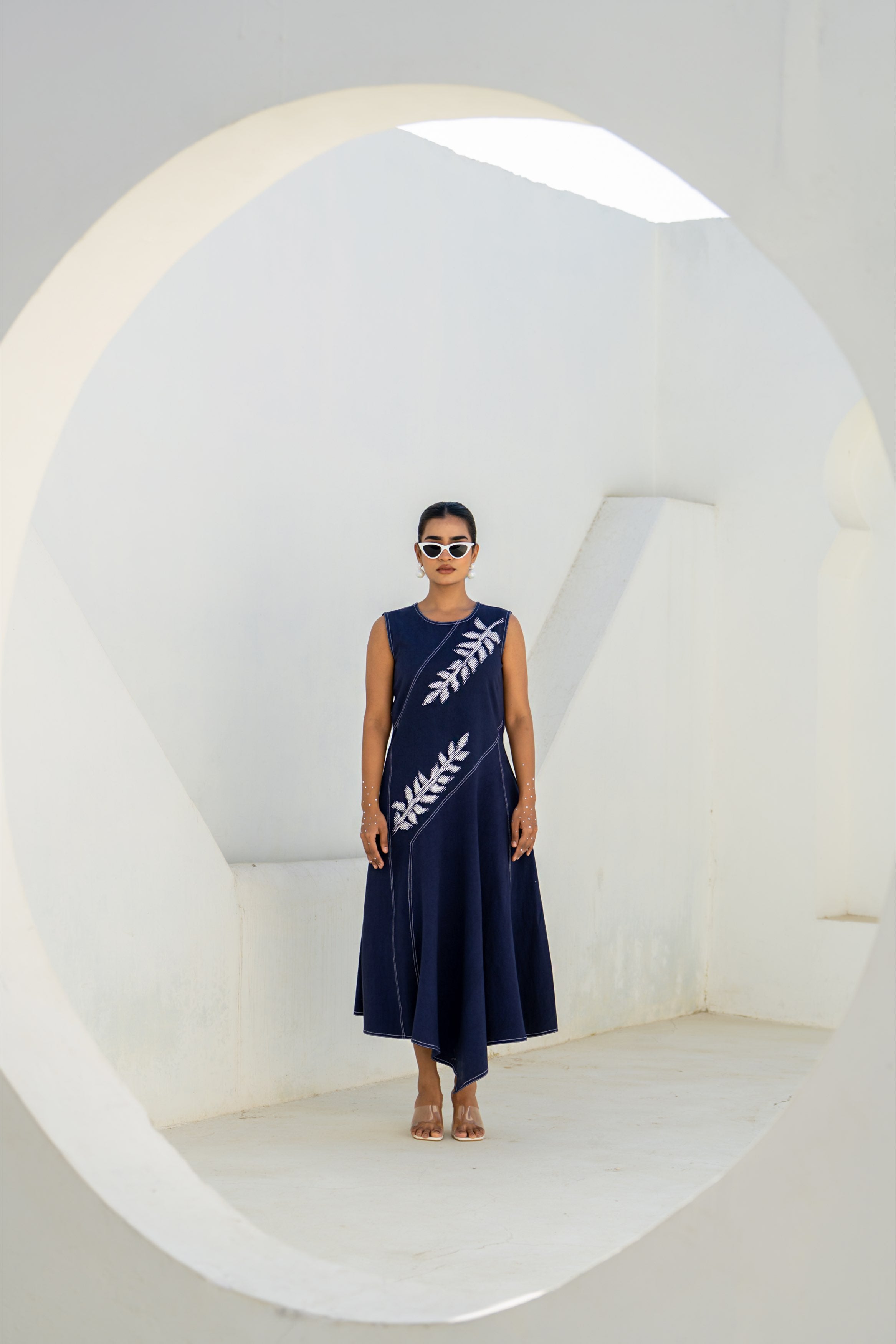 Pixelated Leaf Denim Assymetrical Dress