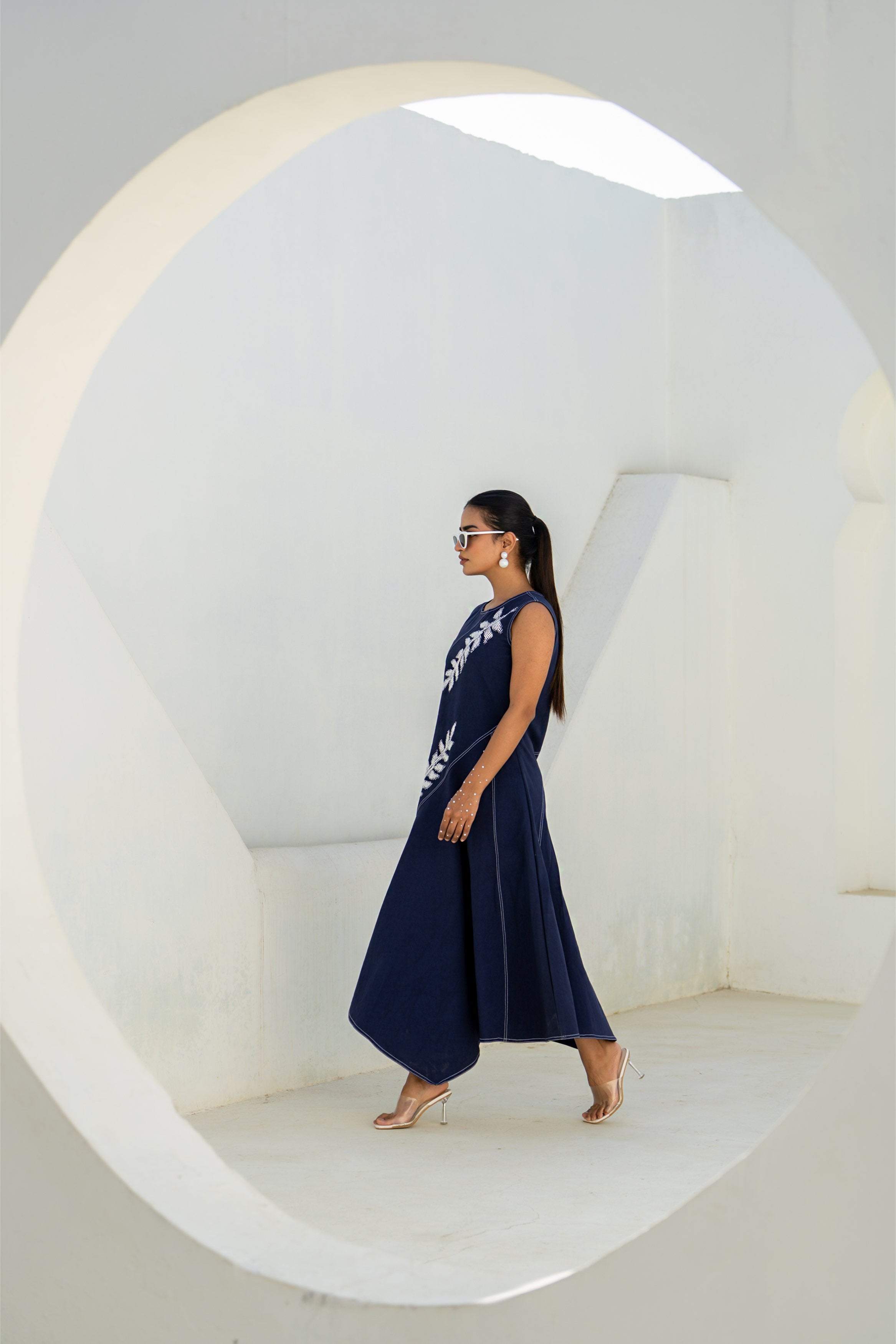 Pixelated Leaf Denim Assymetrical Dress