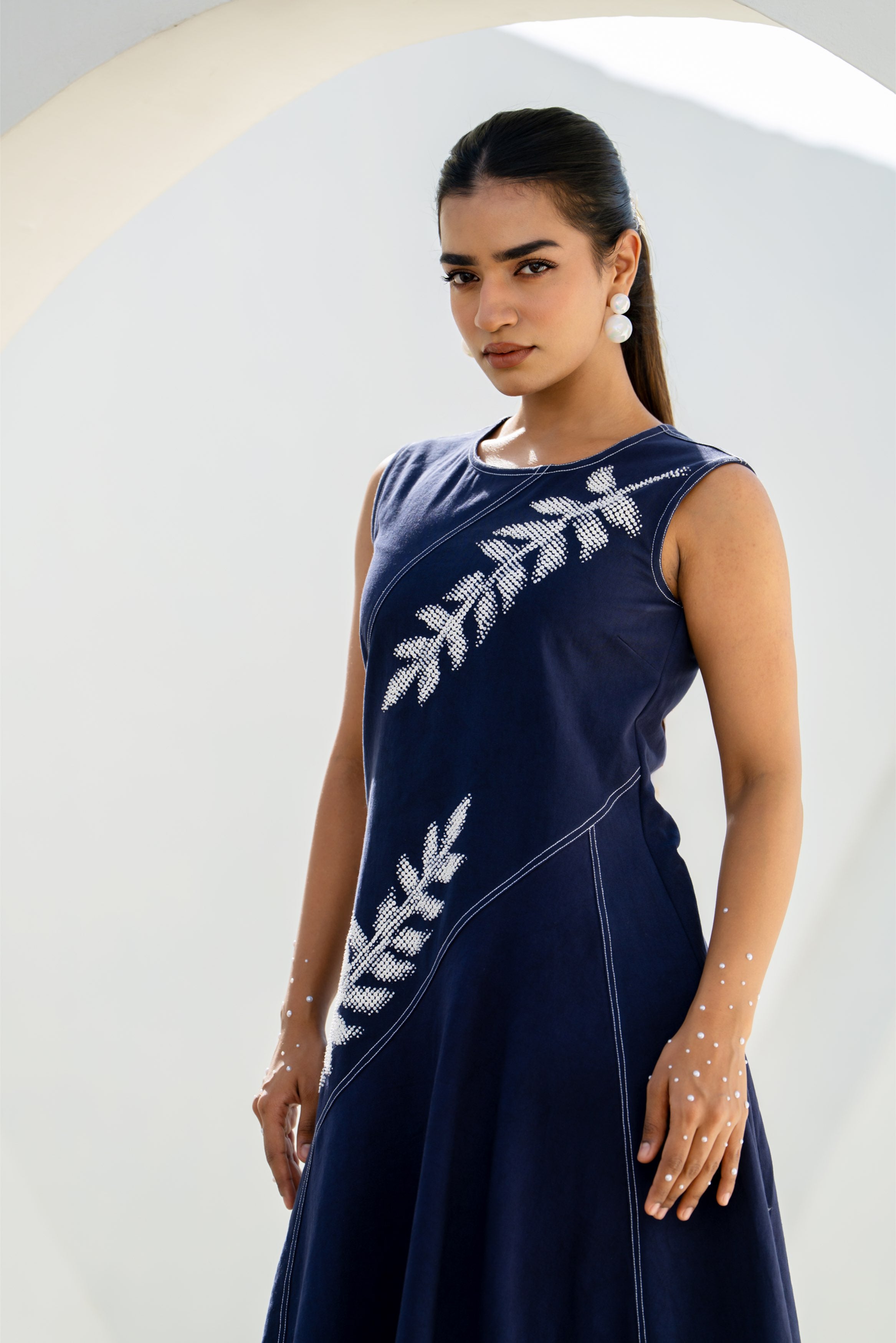 Pixelated Leaf Denim Assymetrical Dress