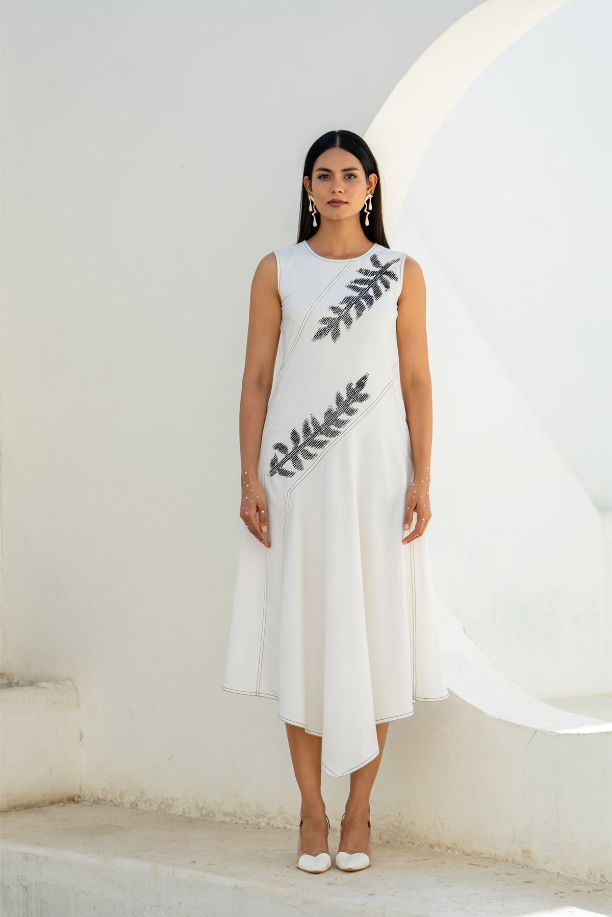 Pixelated Leaf White Flowy Assymetrical Dress — Shop 963 Label, The Curated Collective