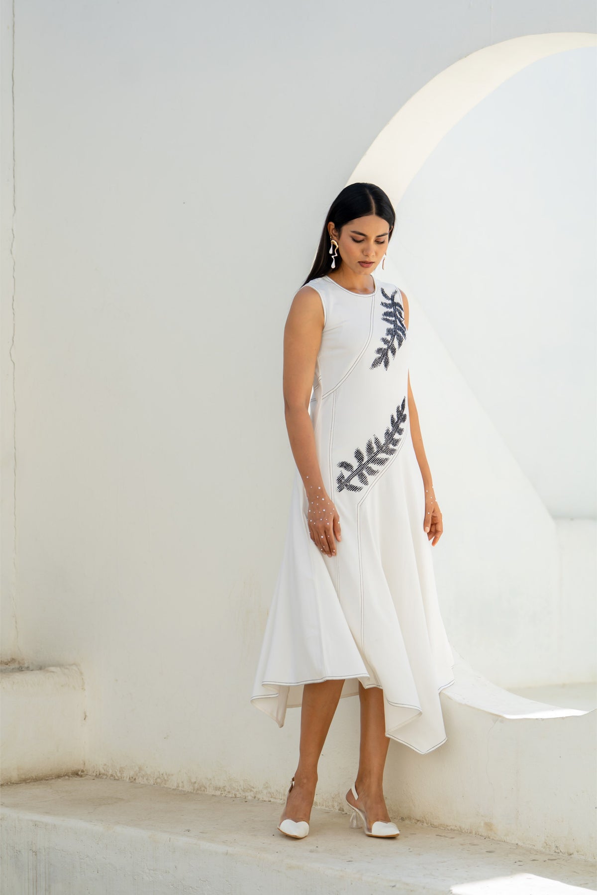 Pixelated Leaf White Flowy Assymetrical Dress view 2 — Shop 963 Label, The Curated Collective