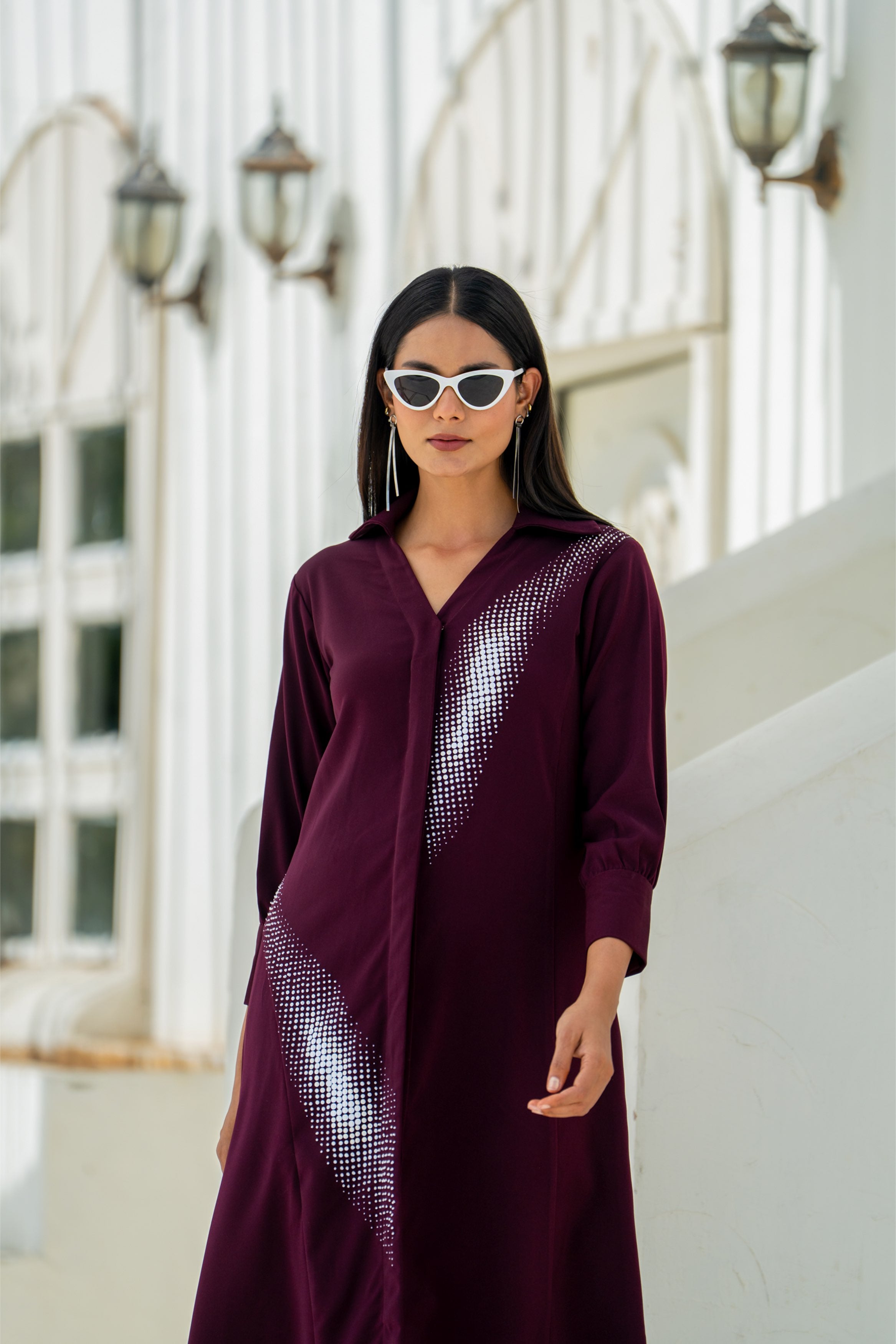 Deep Wine Gradient Shadow Hand Embroidered Dress