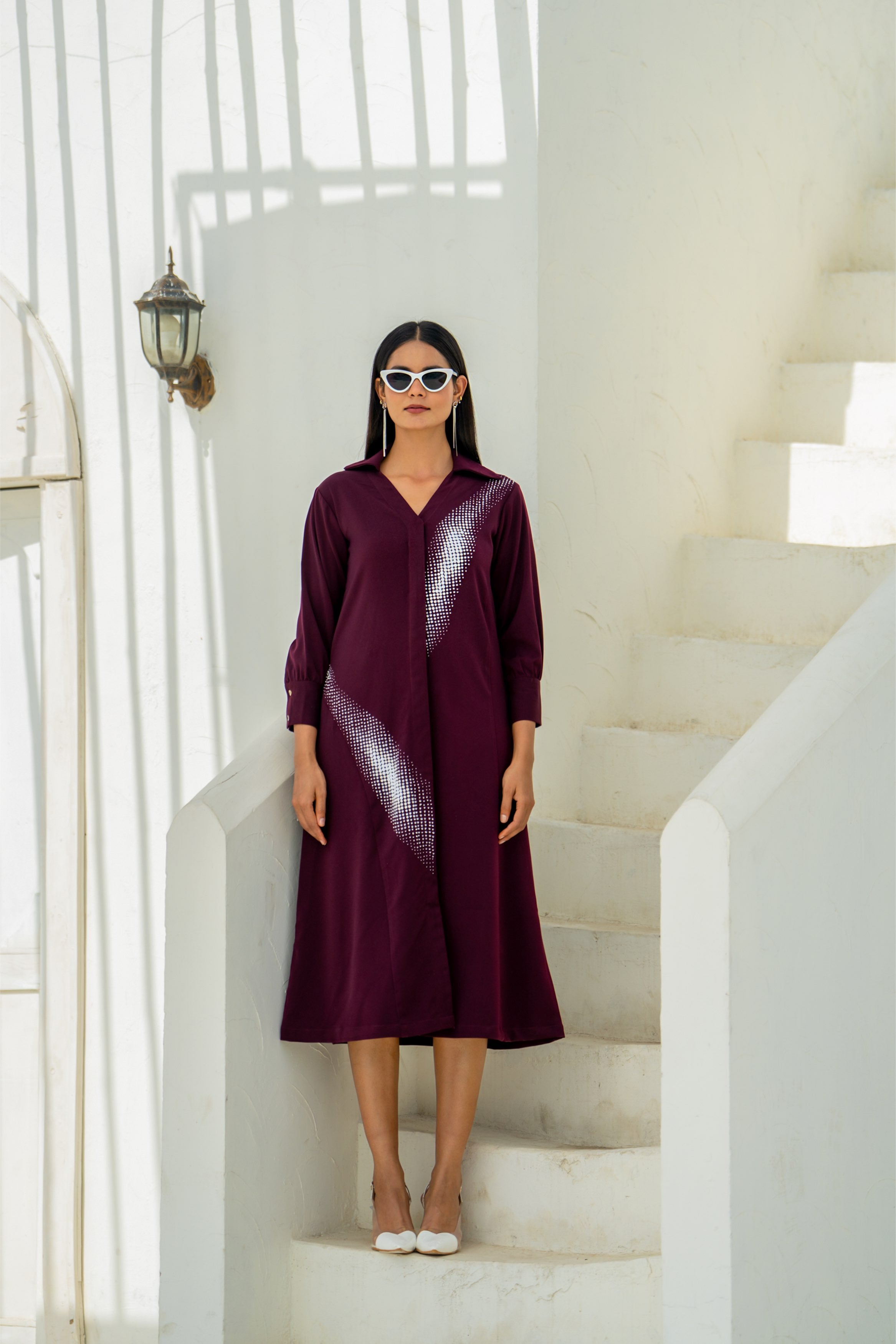 Deep Wine Gradient Shadow Hand Embroidered Dress