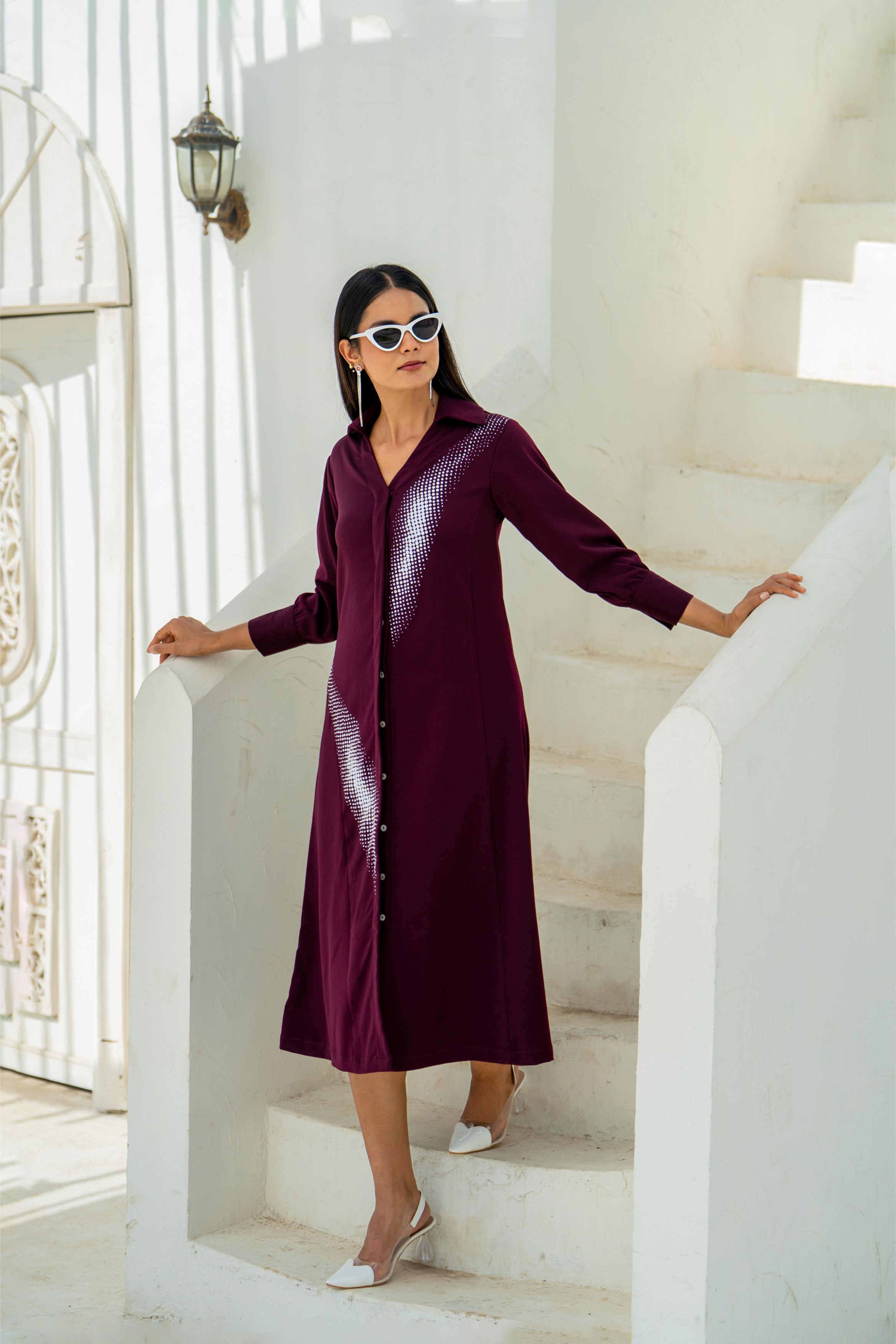 Deep Wine Gradient Shadow Hand Embroidered Dress