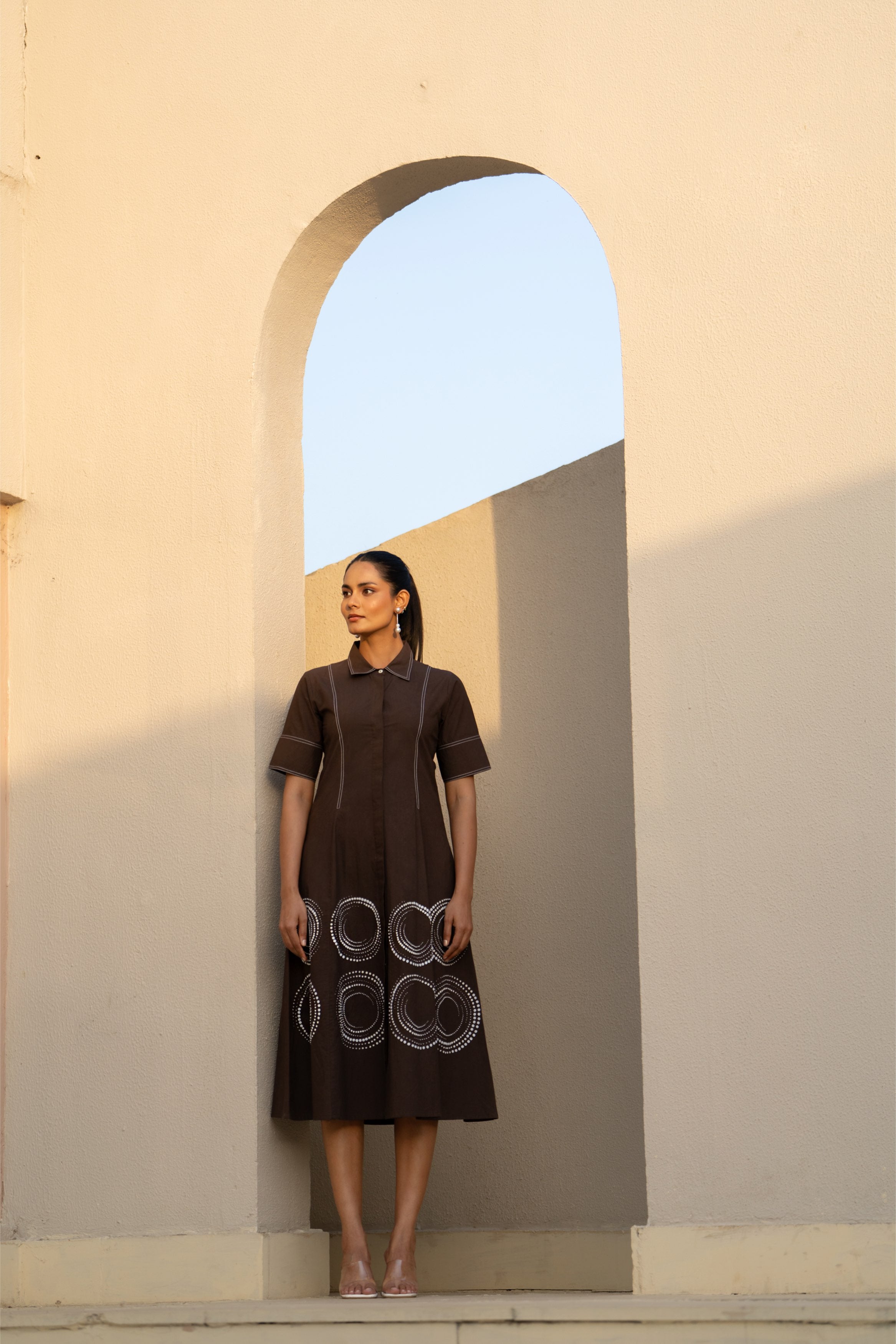 Brown Orbit Panel Shirt Dress