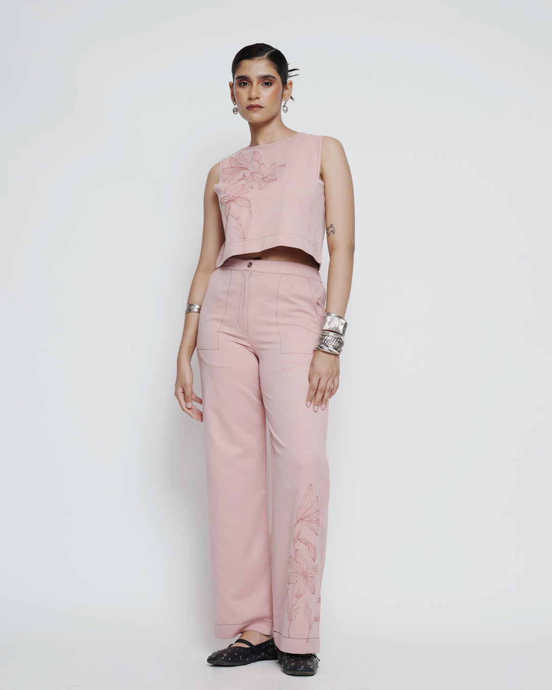 Blush Embroidered suede Coord Set view 2 — annstudios.in, The Curated Collective