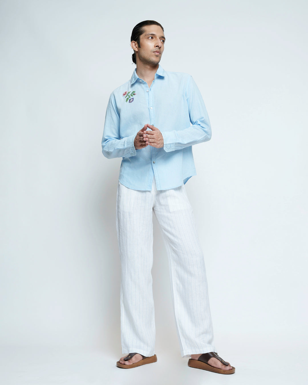 Classic Blue Cotton Linen Embroidered Shirt — annstudios.in, The Curated Collective
