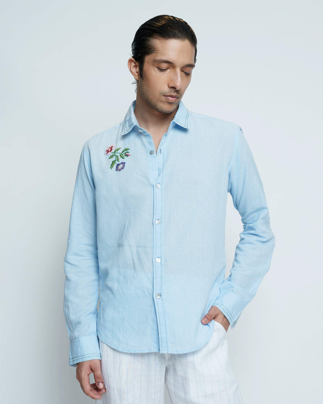 Classic Blue Cotton Linen Embroidered Shirt view 2 — annstudios.in, The Curated Collective