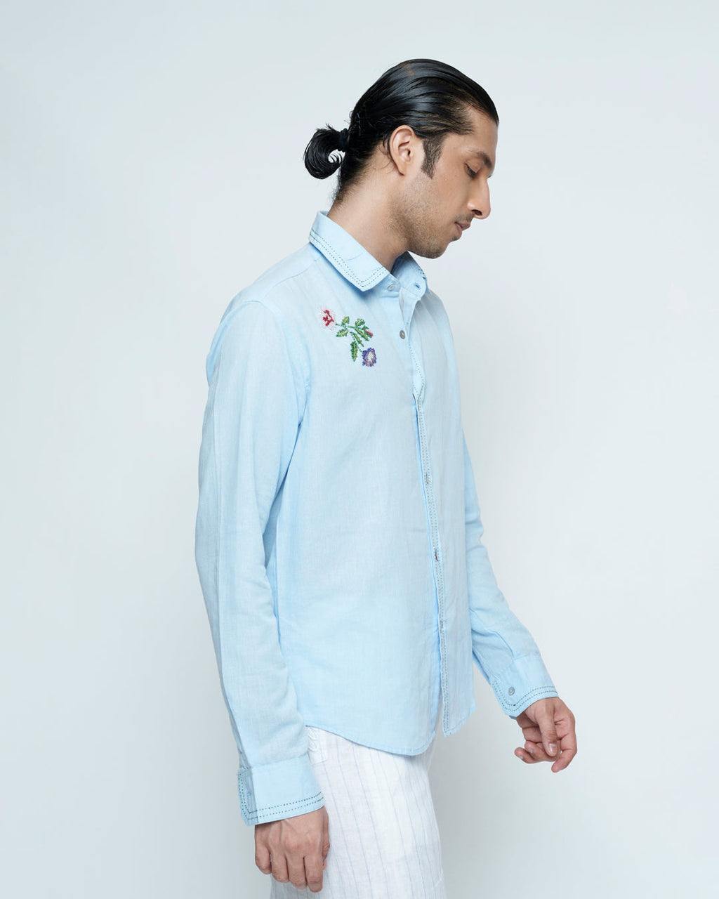 Classic Blue Cotton Linen Embroidered Shirt