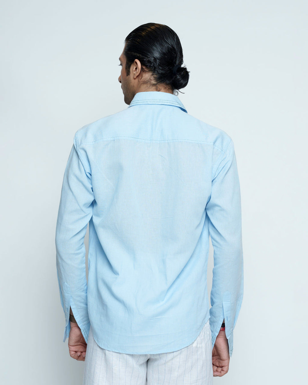 Classic Blue Cotton Linen Embroidered Shirt
