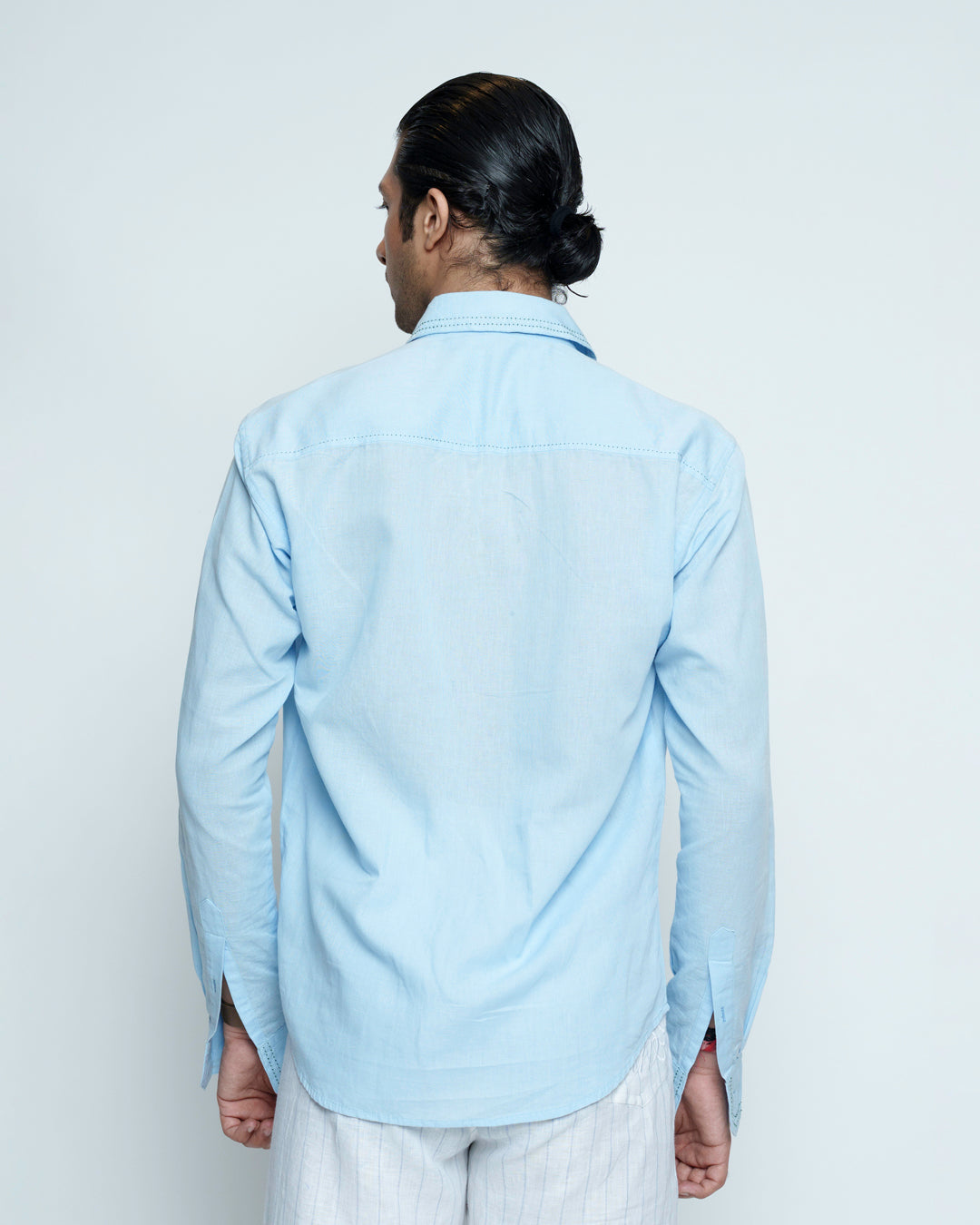 Classic Blue Cotton Linen Embroidered Shirt