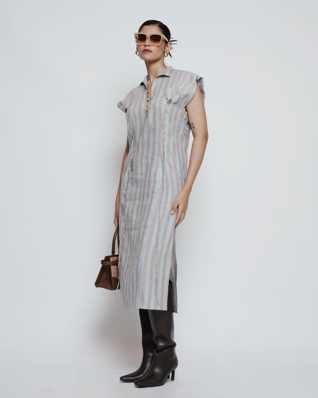 Striped linen button down midi dress