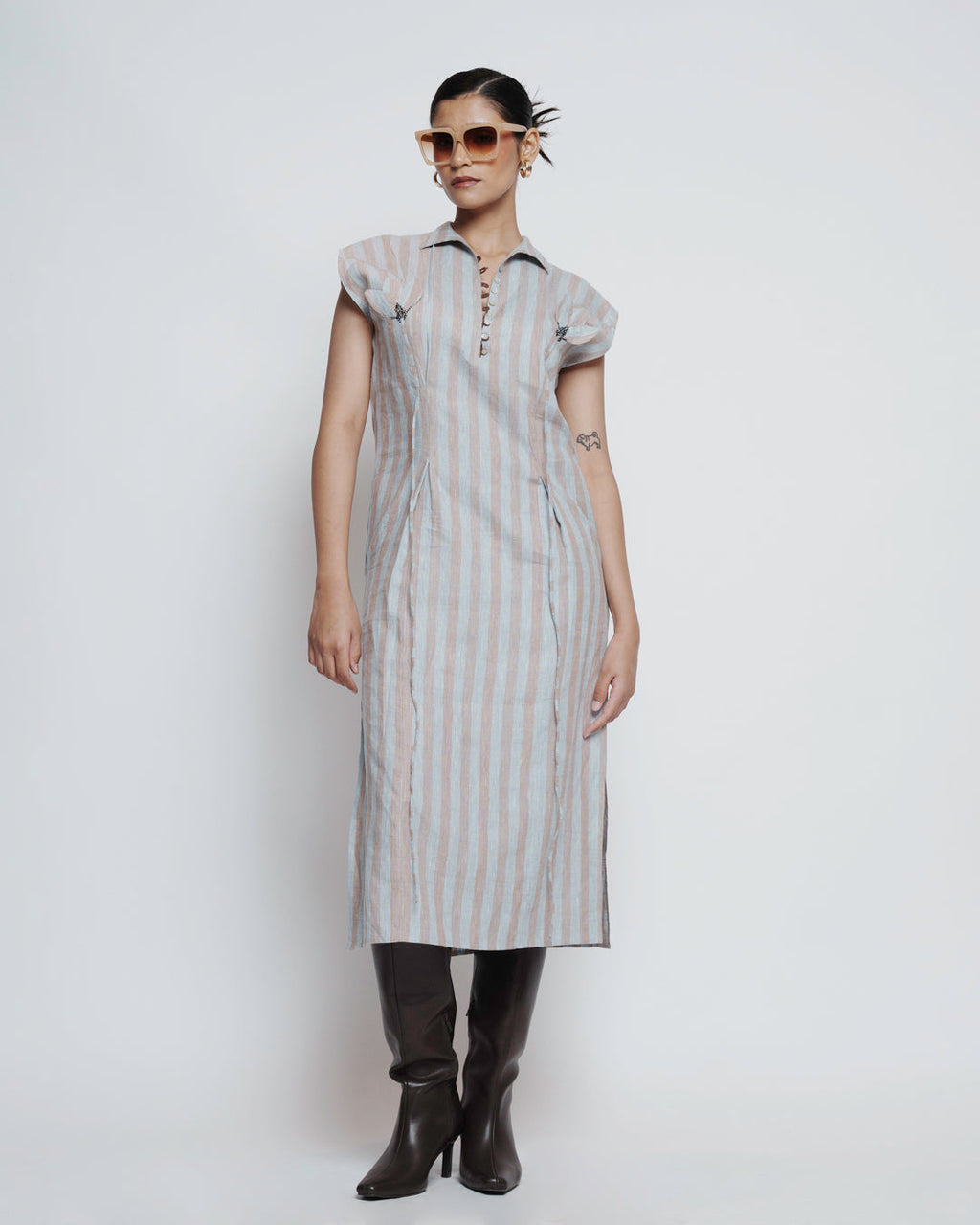 Striped linen button down midi dress