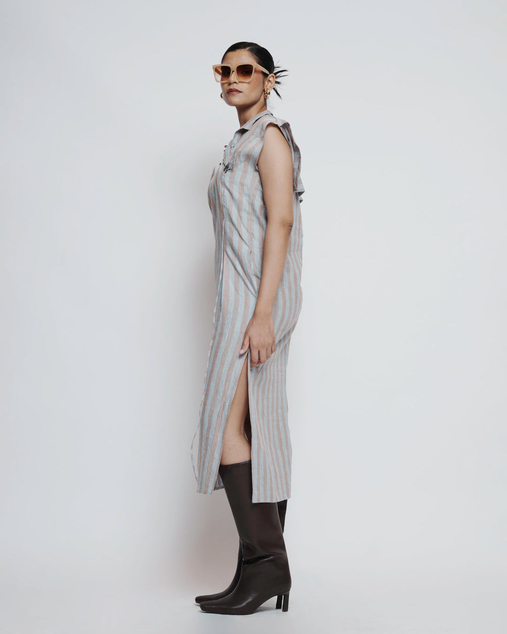Striped linen button down midi dress