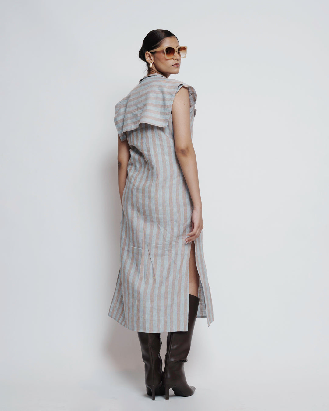 Striped linen button down midi dress