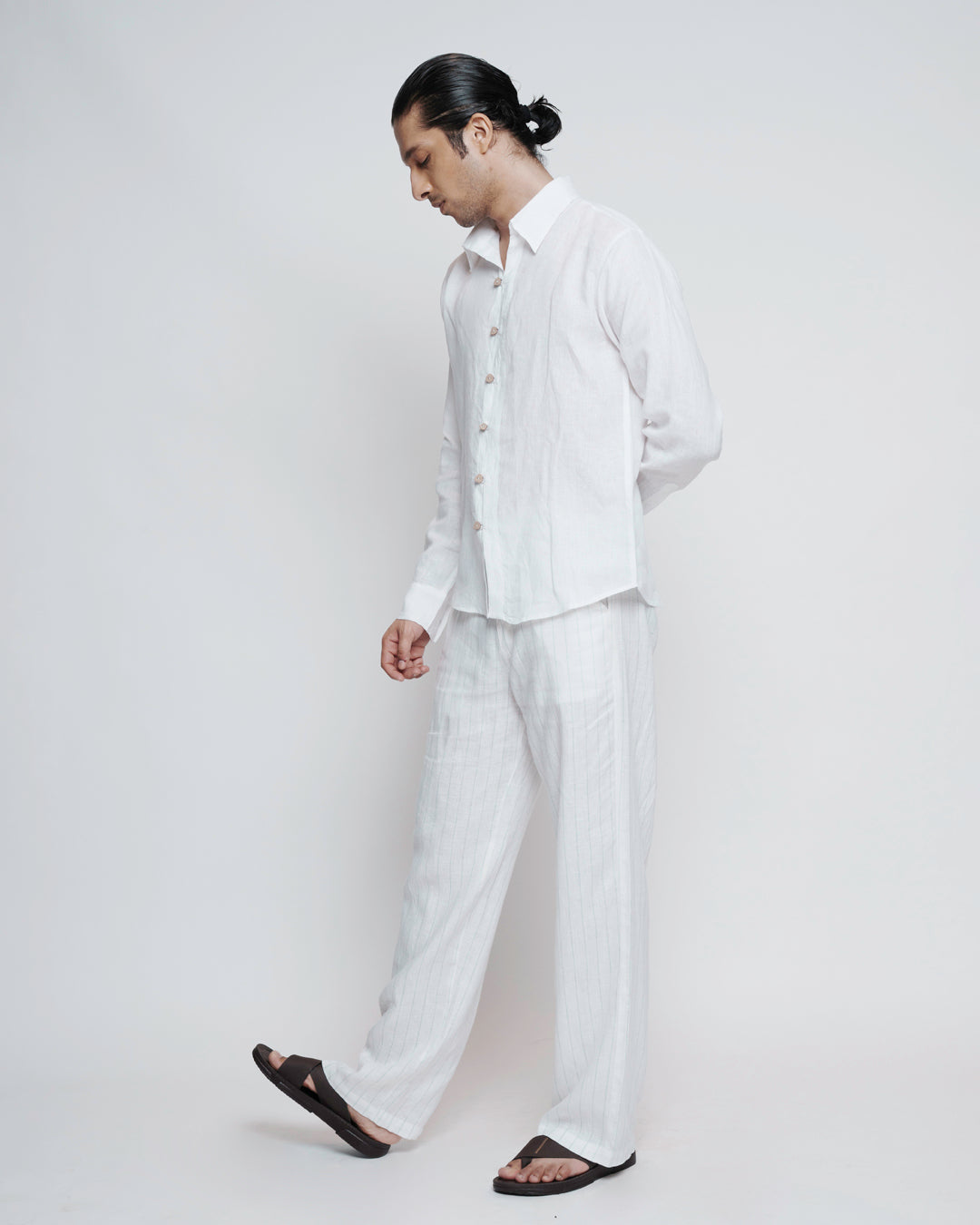 White Linen Coconut Shell Button Shirt view 2 — annstudios.in, The Curated Collective